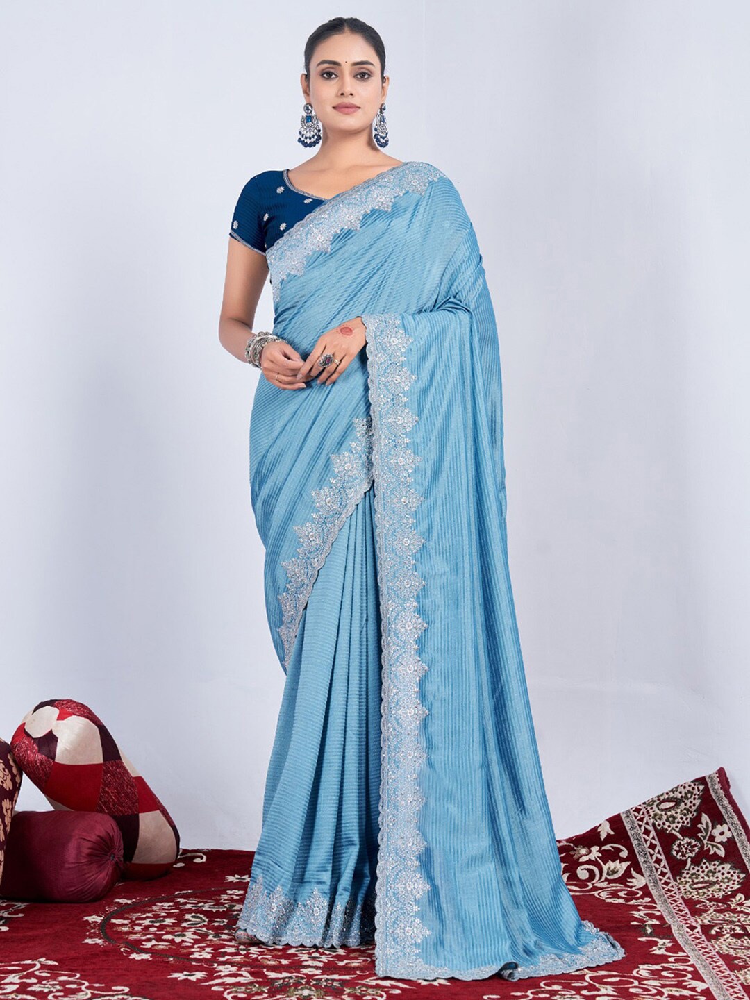 Anouk Striped Sequinned Pure Chiffon Saree, Blue