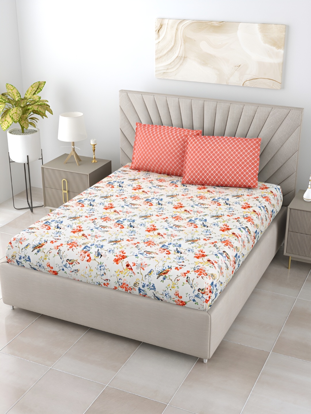 Salona Bichona White & Orange Floral Printed 152 TC King Bedsheet With 2 Pillow Covers
Salona Bichona White & Orange Floral Printed 152 TC King Bedsheet With 2 Pillow Covers