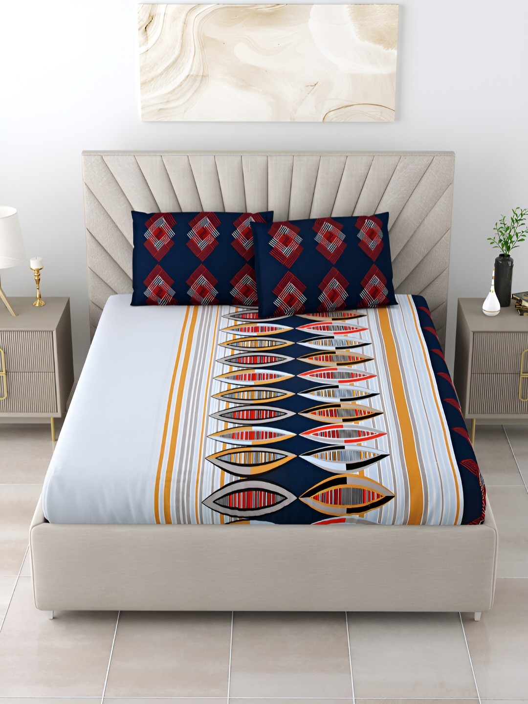 Salona Bichona Blue & Yellow Geometric 210 TC Cotton Queen Bedsheet with 2 Pillow Covers
Salona Bichona Blue & Yellow Geometric 210 TC Cotton Queen Bedsheet with 2 Pillow Covers
