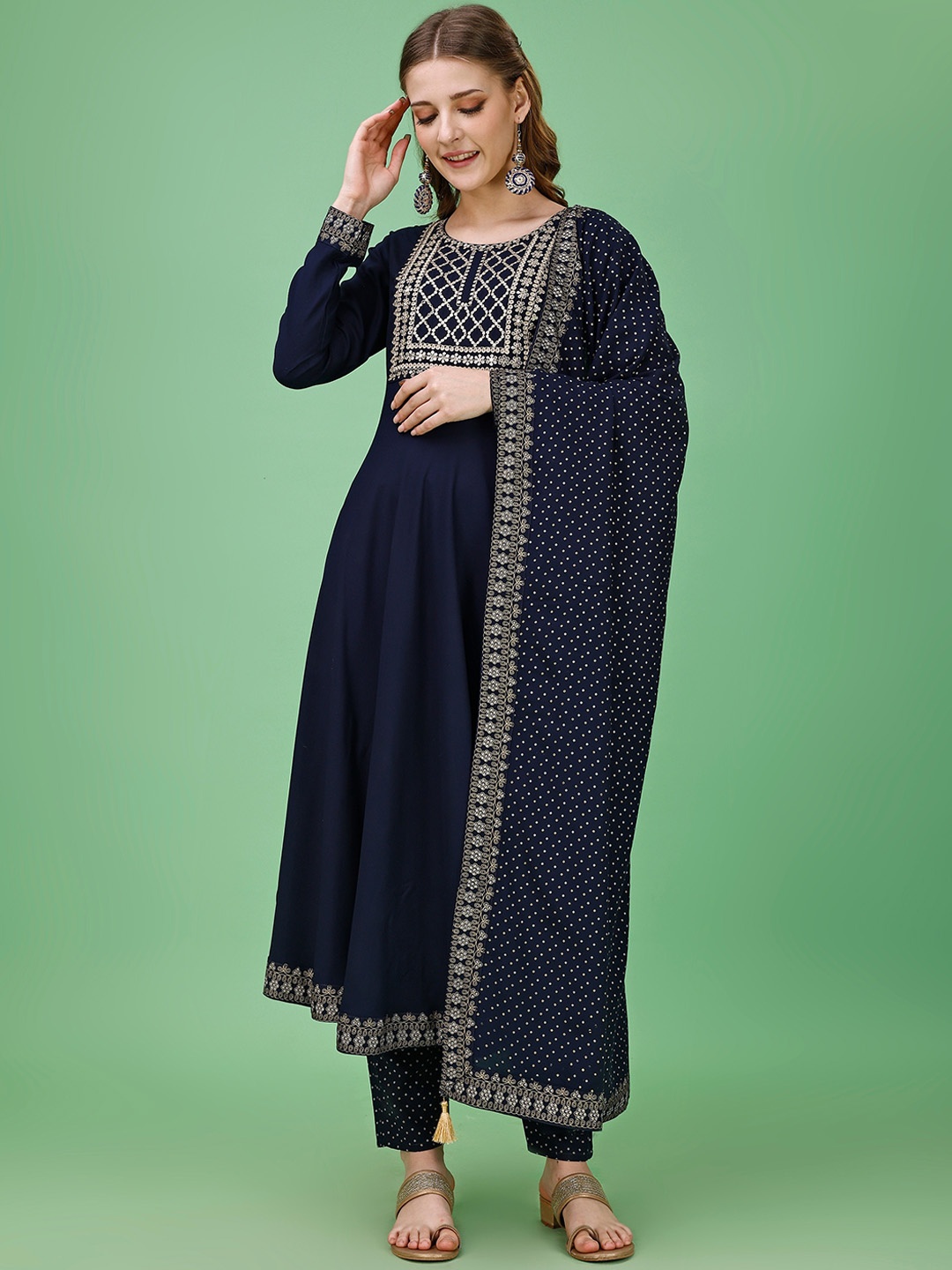 Archittam Ethnic Motifs Yoke Design Empire Sequined A-Line Kurta with Trousers & Dupatta, Navy blue
Archittam Ethnic Motifs Yoke Design Empire Sequined A-Line Kurta with Trousers & Dupatta, Navy blue