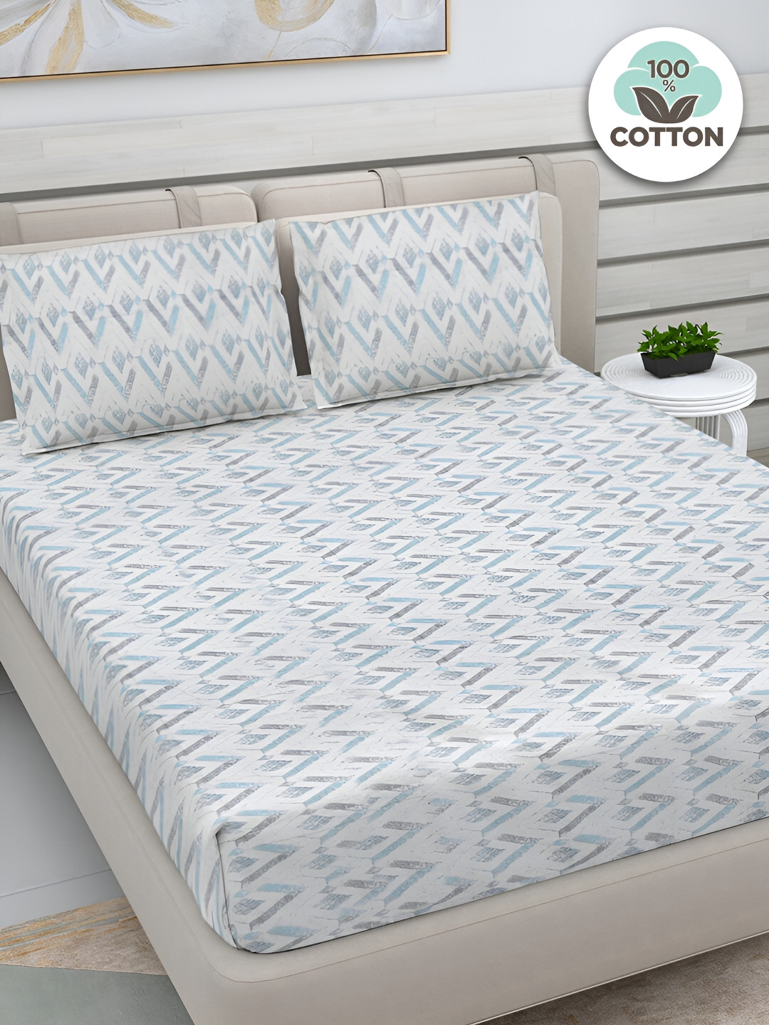 FABINALIV Blue & Off White Geometric Print Cotton King Size Bedsheet & 2 Pillow Covers
FABINALIV Blue & Off White Geometric Print Cotton King Size Bedsheet & 2 Pillow Covers