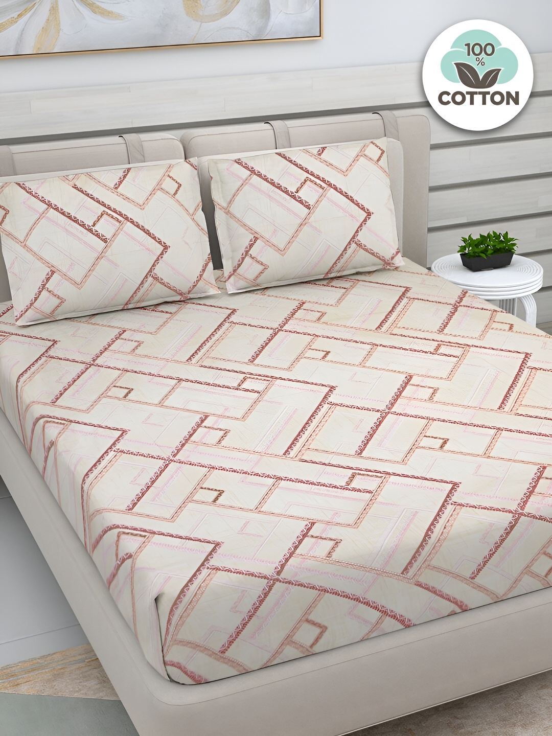 FABINALIV Off White & Pink Geometric Print Cotton King Size Bedsheet & 2 Pillow Covers
FABINALIV Off White & Pink Geometric Print Cotton King Size Bedsheet & 2 Pillow Covers