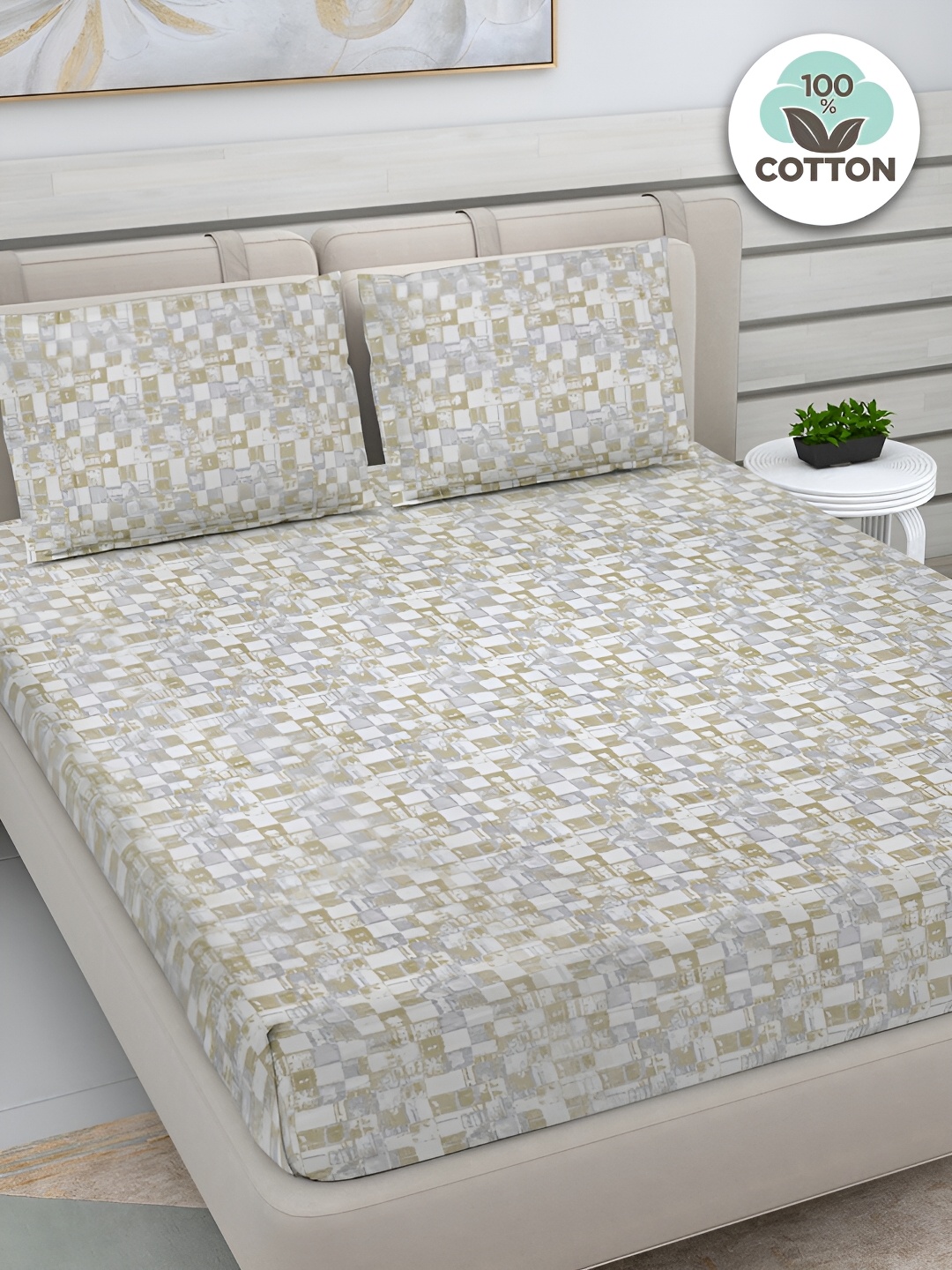 FABINALIV Beige & White Geometric Print 300 TC Cotton King Size Bedsheet & 2 Pillow Covers
FABINALIV Beige & White Geometric Print 300 TC Cotton King Size Bedsheet & 2 Pillow Covers