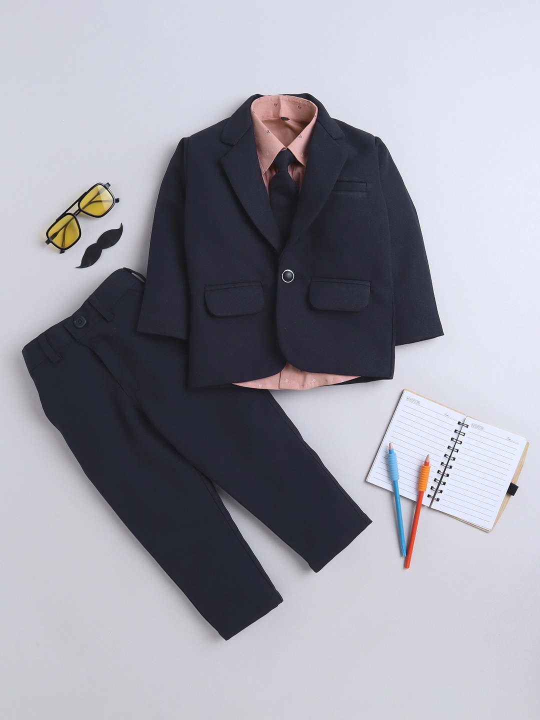 Lil homies Boys Notched Lapel Collar Single Breasted Pure Cotton 2 Piece Party Suit, Navy blue