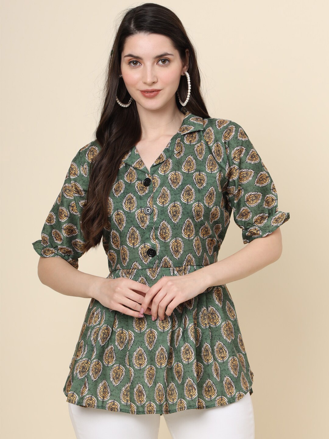 VAIRAGEE Ethnic Motifs Printed Shirt Collar Cuffed Sleeves Cotton Shirt Style Top, Green
VAIRAGEE Ethnic Motifs Printed Shirt Collar Cuffed Sleeves Cotton Shirt Style Top, Green