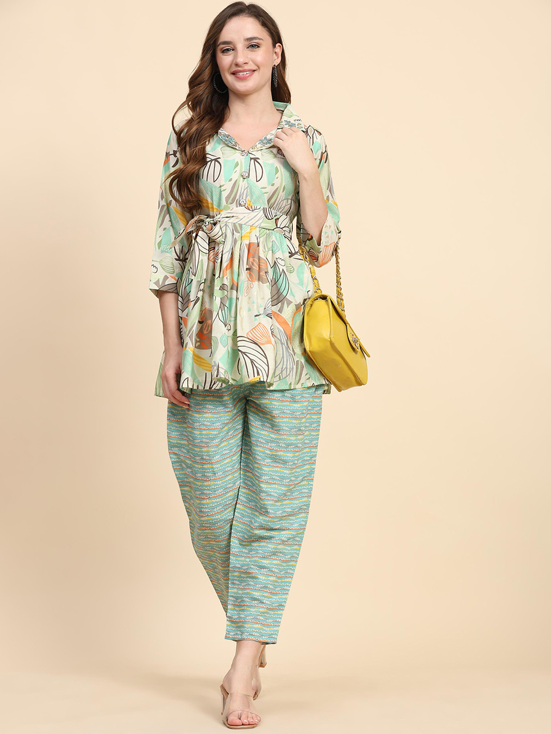 Trendmalls Floral Printed Shirt Collar Tunic With Trousers, Green 
Trendmalls Floral Printed Shirt Collar Tunic With Trousers, Green