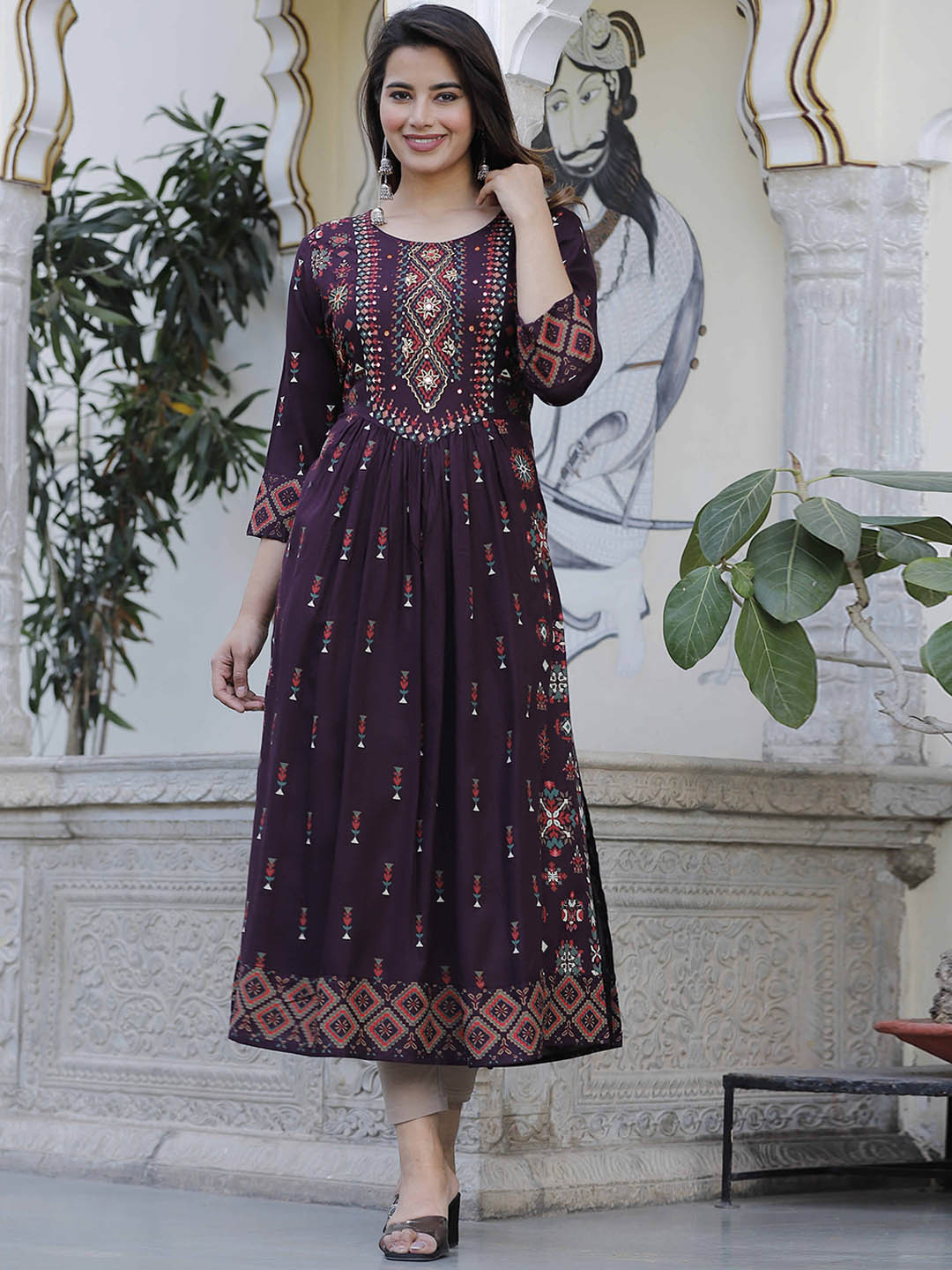 KALINI Ethnic Motifs Printed Sequinned Straight Kurta, Purple 
KALINI Ethnic Motifs Printed Sequinned Straight Kurta, Purple