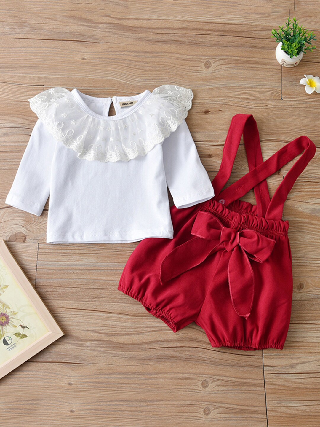 INCLUD Girls Ruffle Top With Suspender Dungaree, Maroon
