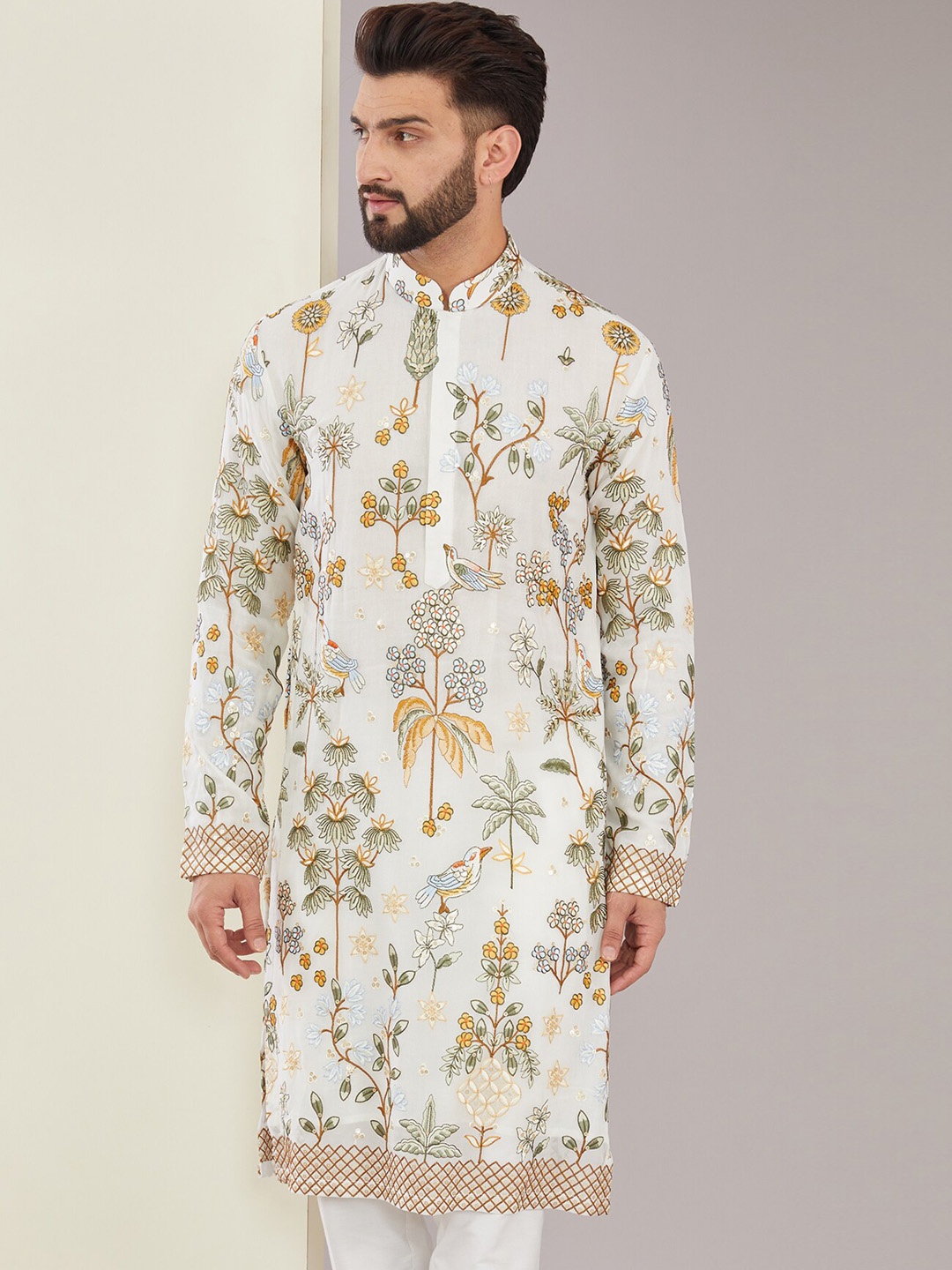 KASBAH CLOTHING NISHCHAIY SAJDEH Mandarin Collar Floral Printed Thread Work Kurta, White
KASBAH CLOTHING NISHCHAIY SAJDEH Mandarin Collar Floral Printed Thread Work Kurta, White