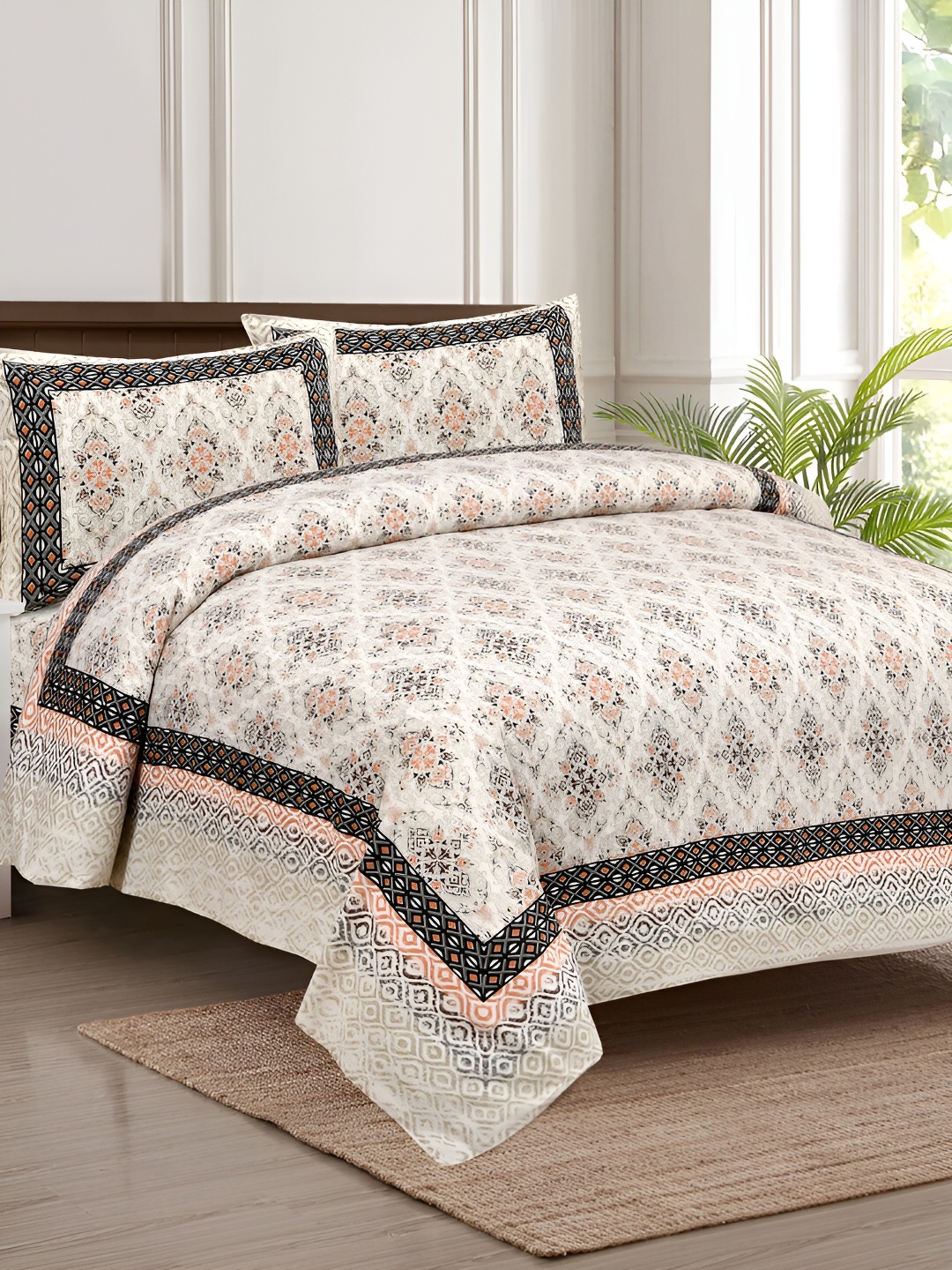 JAIPUR FABRIC Off White & Peach-Coloured Ethnic Motifs 180 TC King Bedsheet with 2 Pillow Covers
JAIPUR FABRIC Off White & Peach-Coloured Ethnic Motifs 180 TC King Bedsheet with 2 Pillow Covers