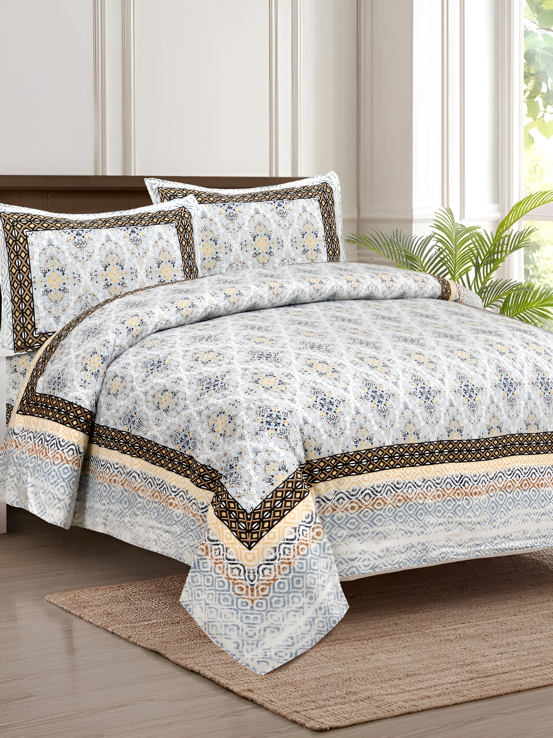 JAIPUR FABRIC White & Yellow Ethnic Motifs 180 TC King Bedsheet with 2 Pillow Covers
JAIPUR FABRIC White & Yellow Ethnic Motifs 180 TC King Bedsheet with 2 Pillow Covers