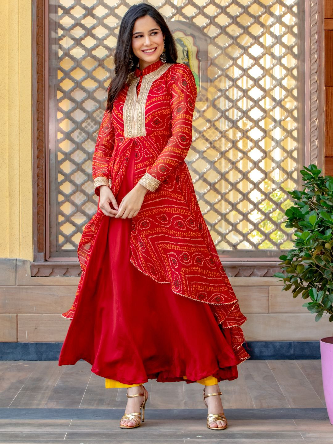 HOUSE OF JAMOTI Bandhani Printed Mandarin Collar Georgette Anarkali Kurta with Palazzo, Red
HOUSE OF JAMOTI Bandhani Printed Mandarin Collar Georgette Anarkali Kurta with Palazzo, Red