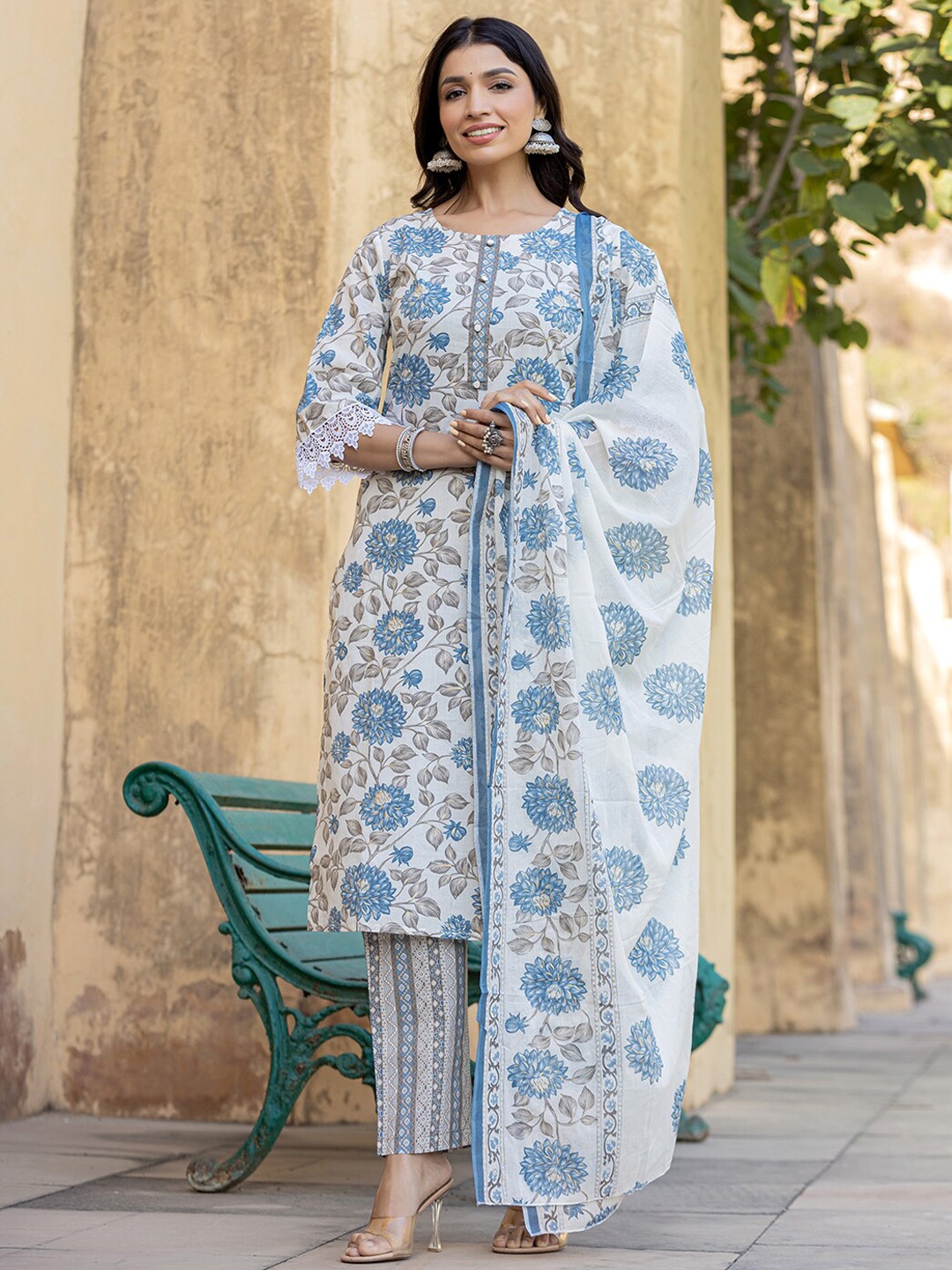 Yufta Floral Printed Lace Work Pure Cotton Straight Kurta With Trousers & Dupatta, White
Yufta Floral Printed Lace Work Pure Cotton Straight Kurta With Trousers & Dupatta, White