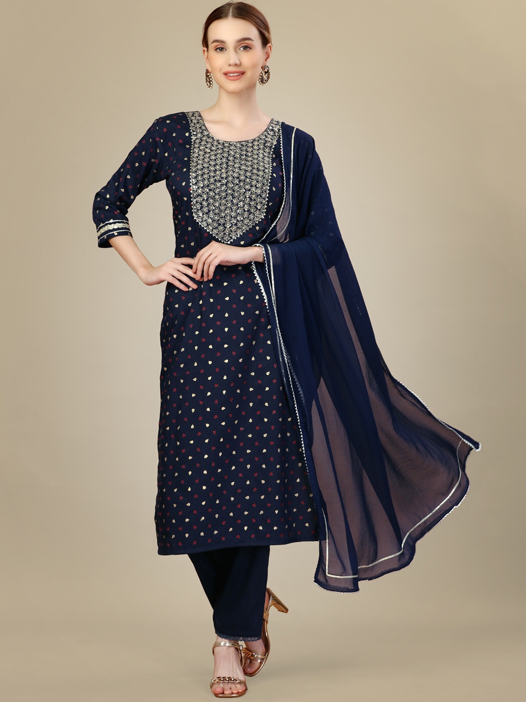 Riddhi Textile Hub Ethnic Motifs Printed Regular Sequinned Kurta With Trousers & Dupatta, Navy blue
Riddhi Textile Hub Ethnic Motifs Printed Regular Sequinned Kurta With Trousers & Dupatta, Navy blue
