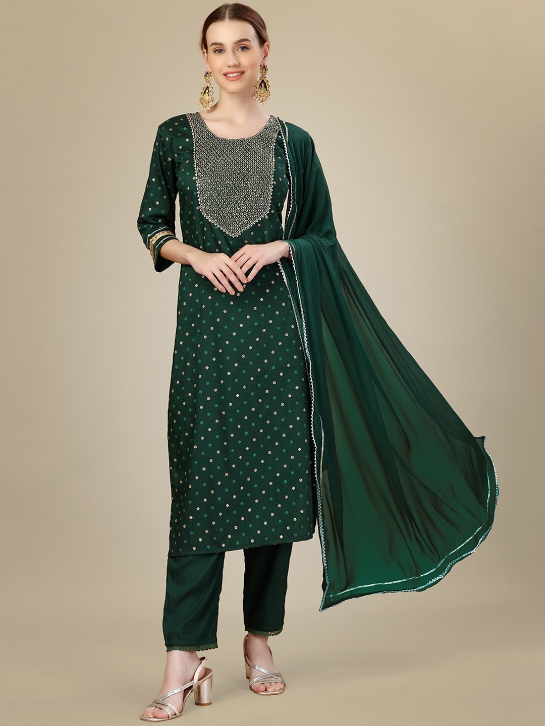 Riddhi Textile Hub Ethnic Motifs Embroidered Thread Work Kurta & Trousers With Dupatta, Green
Riddhi Textile Hub Ethnic Motifs Embroidered Thread Work Kurta & Trousers With Dupatta, Green