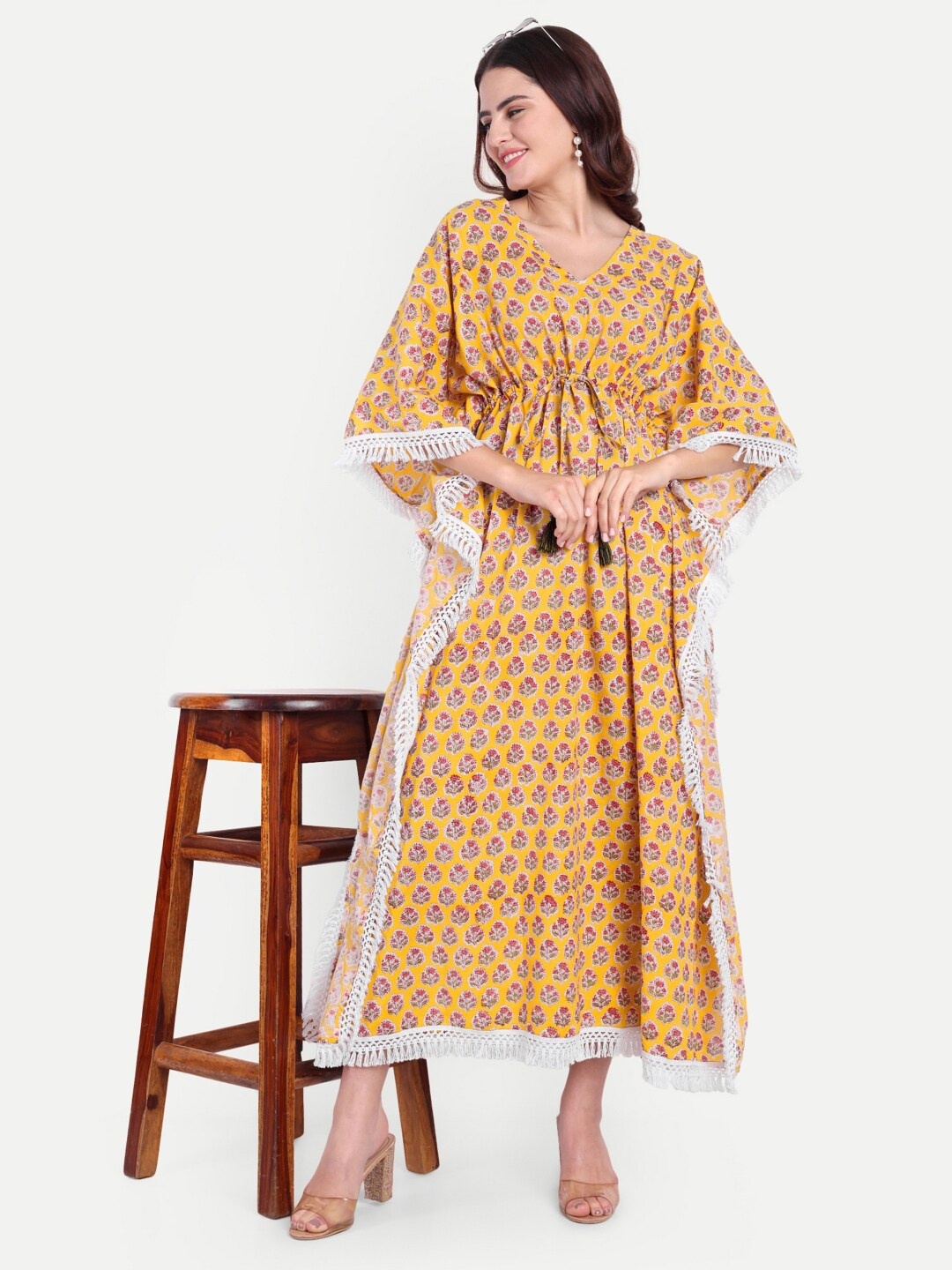 Bohekant Floral Printed V-Neck Three-Quarter Extended Sleeves Cotton Kaftan Dress, Yellow
Bohekant Floral Printed V-Neck Three-Quarter Extended Sleeves Cotton Kaftan Dress, Yellow