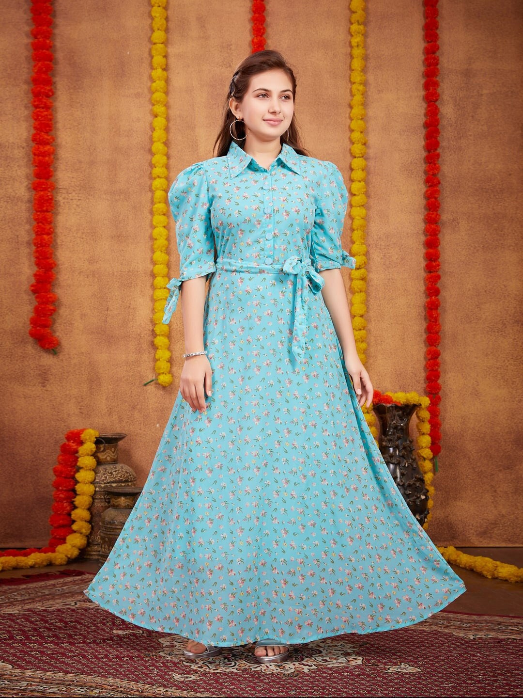 BAESD Floral Printed Puff Sleeves Georgette Maxi Dress With Belt, Turquoise blue
BAESD Floral Printed Puff Sleeves Georgette Maxi Dress With Belt, Turquoise blue