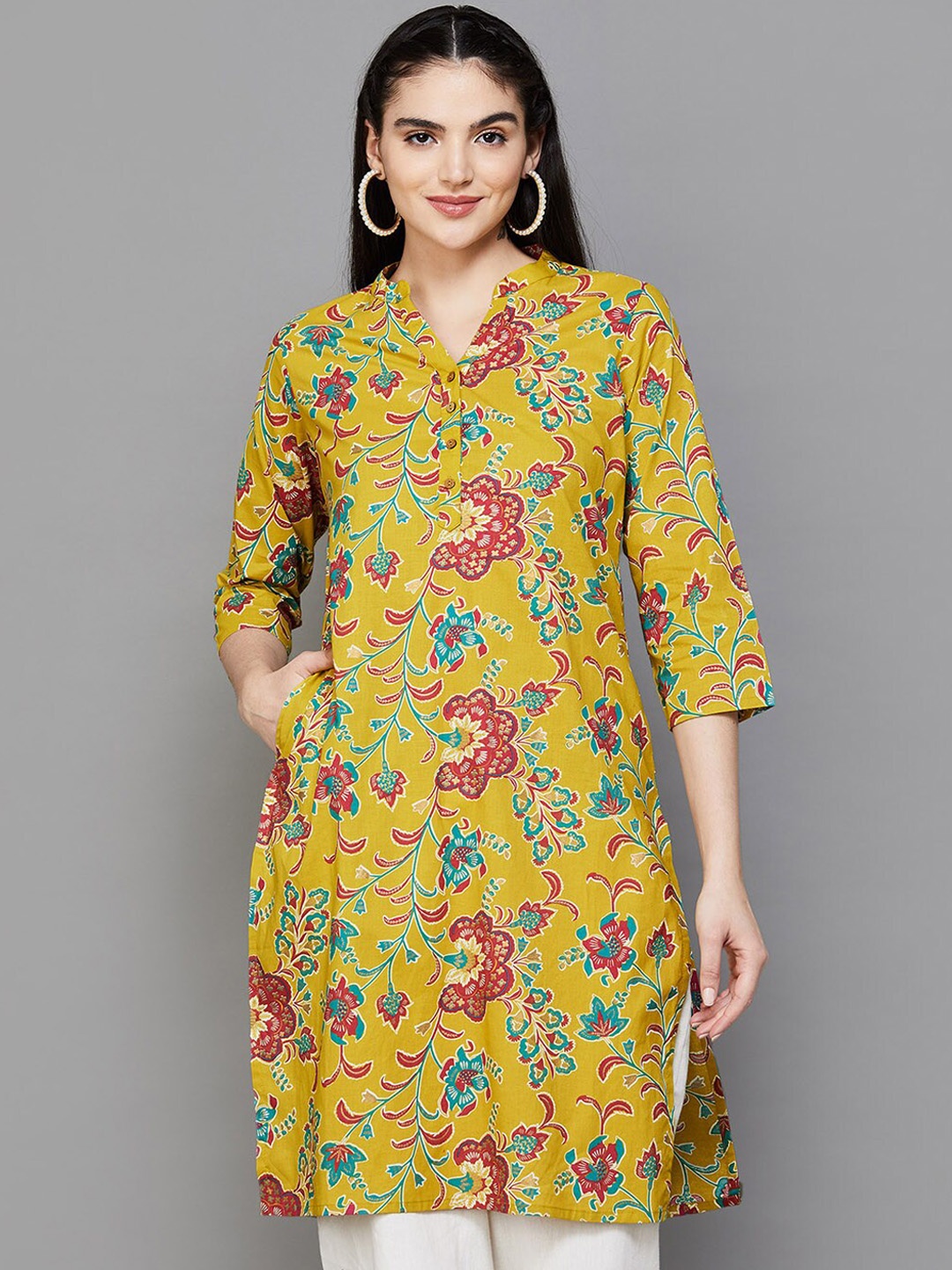 Melange by Lifestyle Floral Printed Mandarin Collar Three-Quarter Sleeves Cotton Kurta, Mustard
Melange by Lifestyle Floral Printed Mandarin Collar Three-Quarter Sleeves Cotton Kurta, Mustard