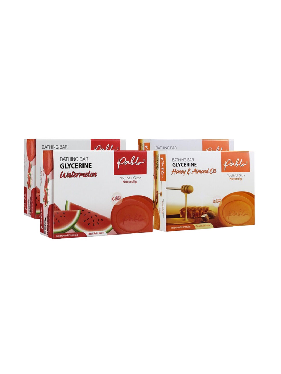 PABLO Set Of 4 Glycerine Honey & Watermelon Bathing Soap Bar For Extra Glow - 75g Each, Red
PABLO Set Of 4 Glycerine Honey & Watermelon Bathing Soap Bar For Extra Glow - 75g Each, Red