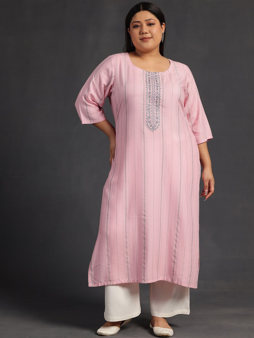 EXTRA LOVE BY LIBAS Plus Size Striped Dobby Round Neck Thread Work Straight Kurta, Pink
EXTRA LOVE BY LIBAS Plus Size Striped Dobby Round Neck Thread Work Straight Kurta, Pink