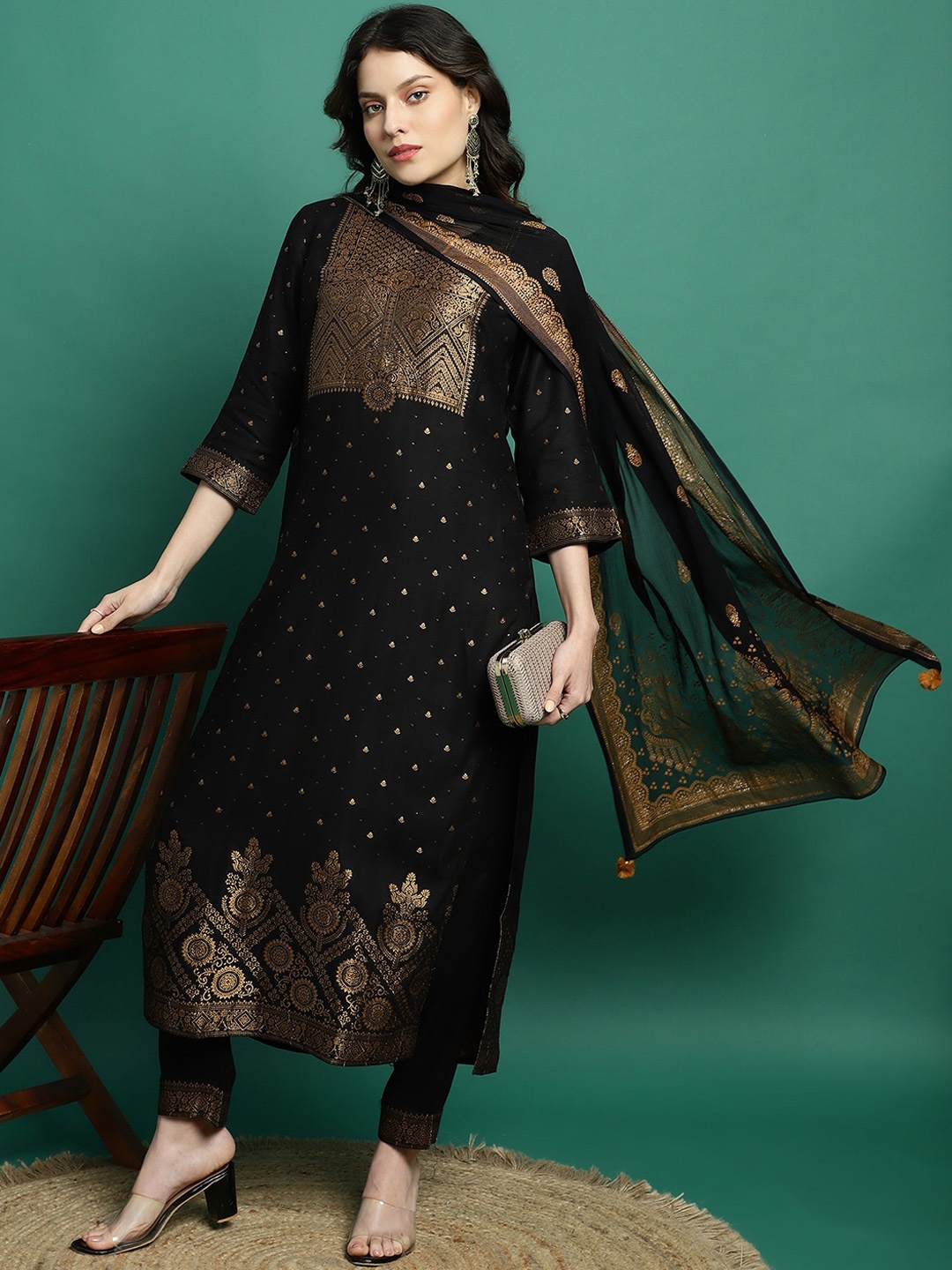 Sangria Ethnic Motifs Woven Design Notch Neck Straight Kurta With Trousers & Dupatta, Black
Sangria Ethnic Motifs Woven Design Notch Neck Straight Kurta With Trousers & Dupatta, Black
