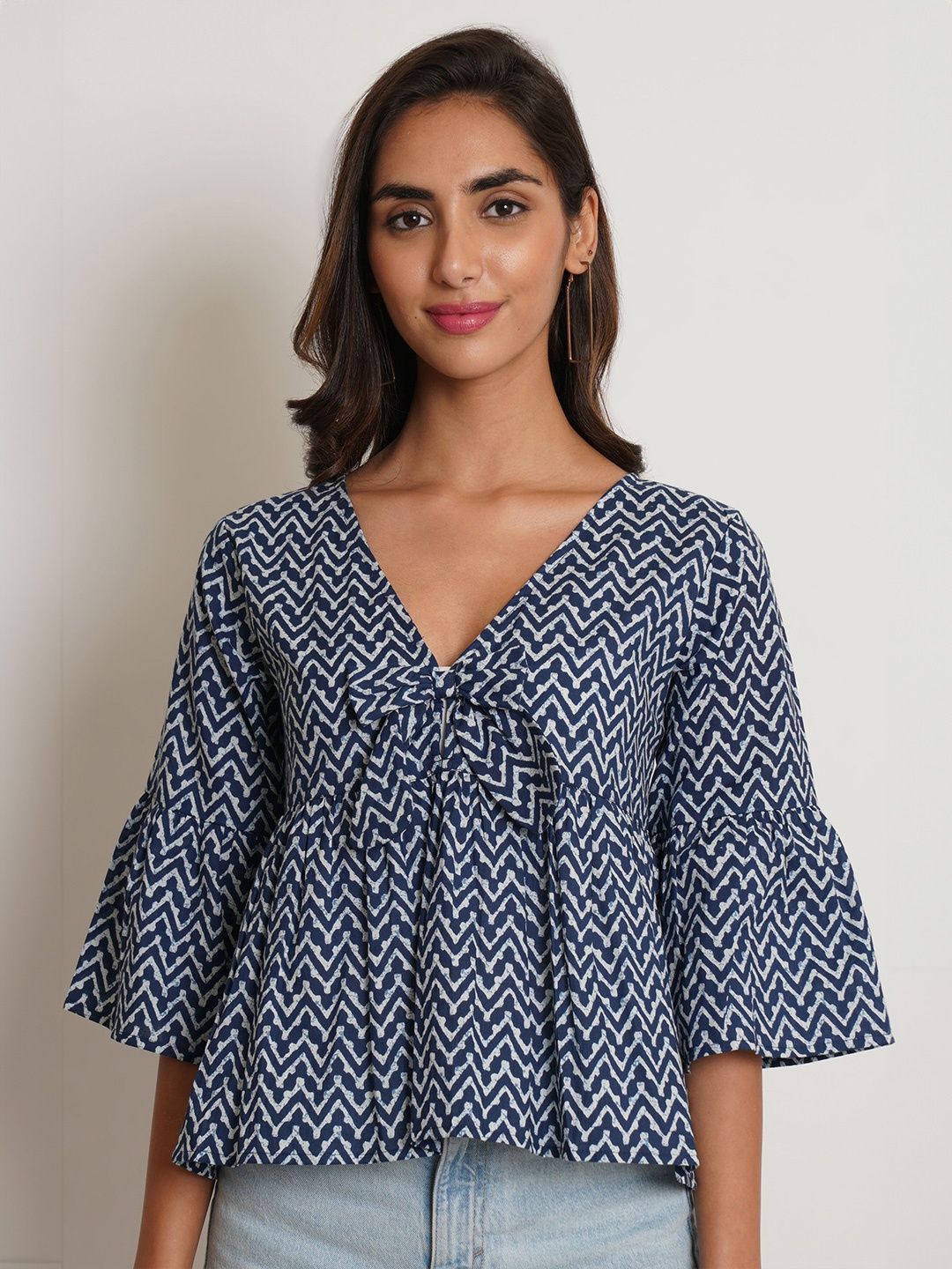 COTLAND FASHION Geometric Printed Bell Sleeve Pure Jaipuri Cotton Bow Peplum Top, Navy blue
COTLAND FASHION Geometric Printed Bell Sleeve Pure Jaipuri Cotton Bow Peplum Top, Navy blue