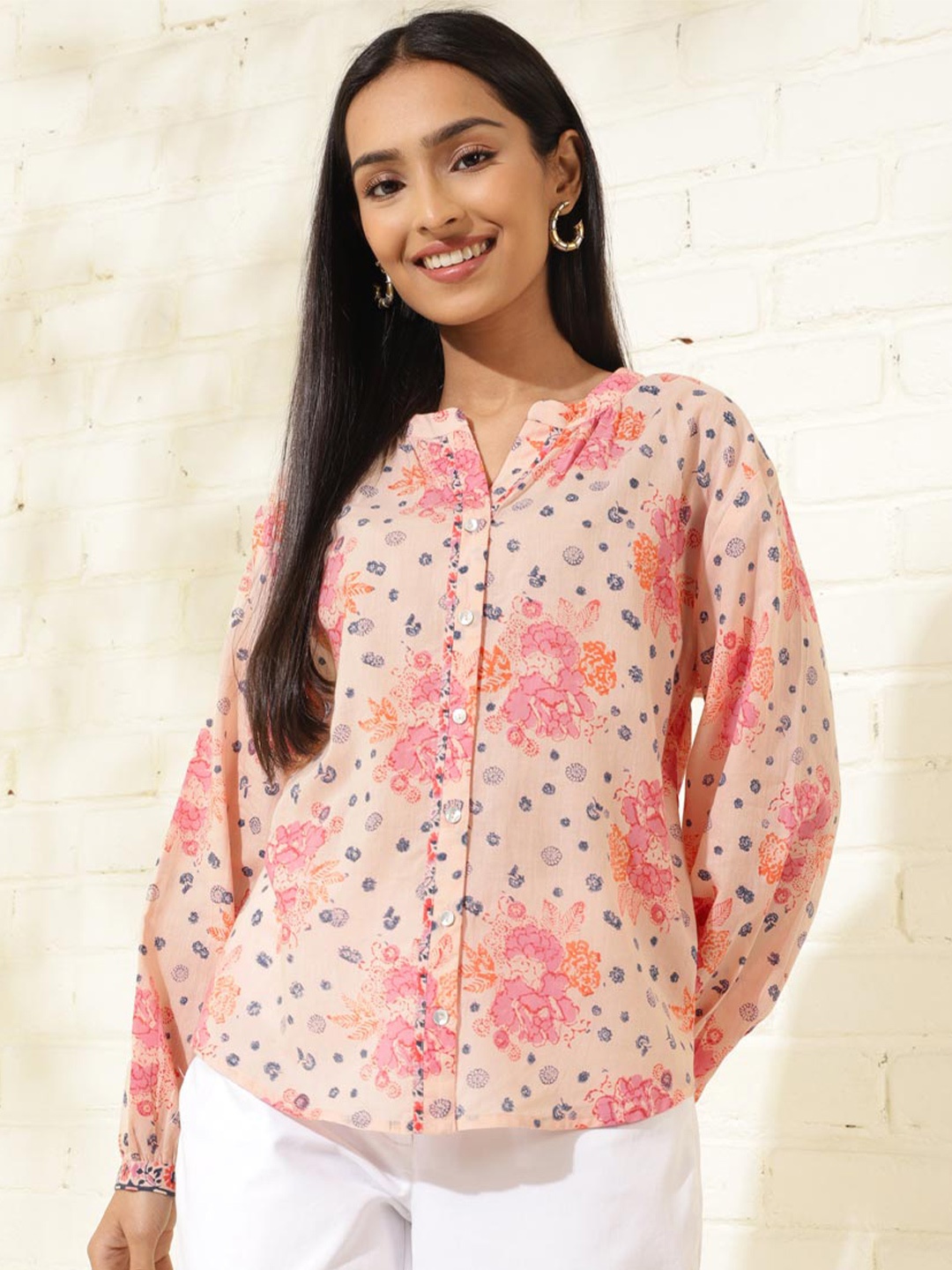 Fabindia Floral Printed Mandarin Collar Cuffed Sleeves Cotton Shirt Style Top, Peach
Fabindia Floral Printed Mandarin Collar Cuffed Sleeves Cotton Shirt Style Top, Peach