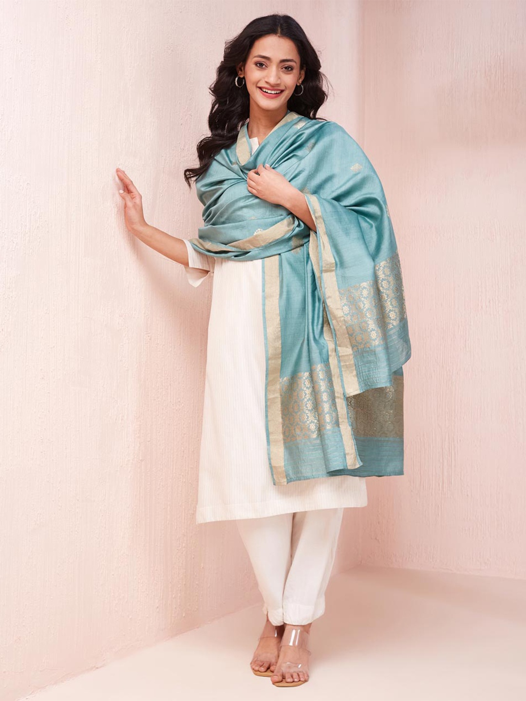 Fabindia Floral Woven Design Dupatta, Blue