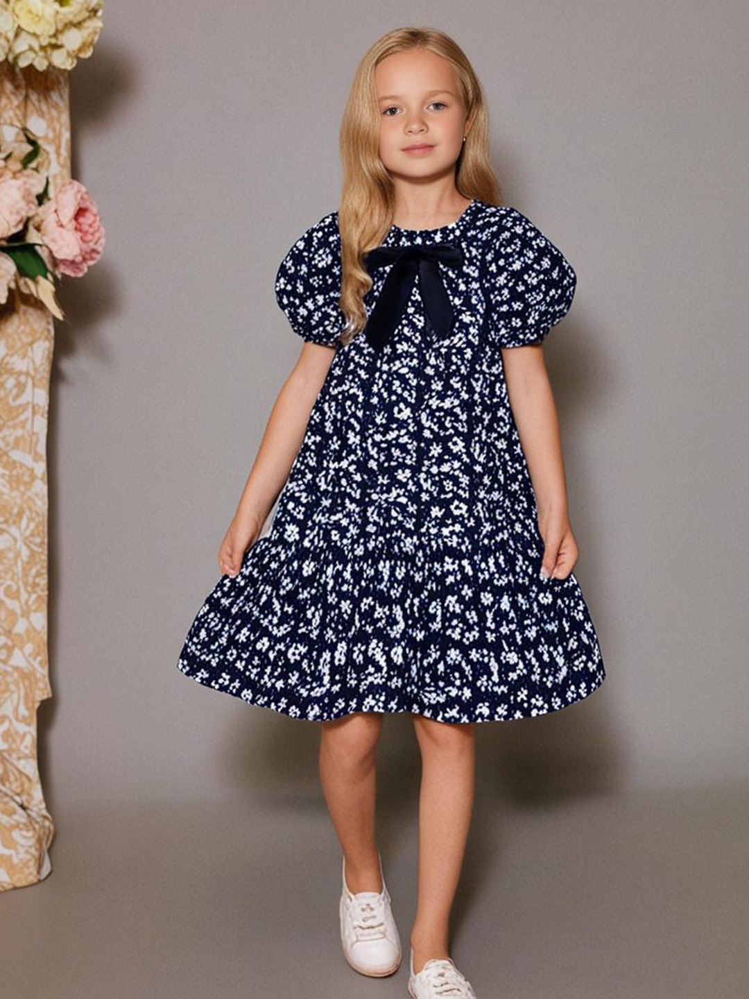 Cherry Crumble Girls Floral Printed Puff Sleeves Bow Detail Cotton A-Line Dress, Navy blue
Cherry Crumble Girls Floral Printed Puff Sleeves Bow Detail Cotton A-Line Dress, Navy blue