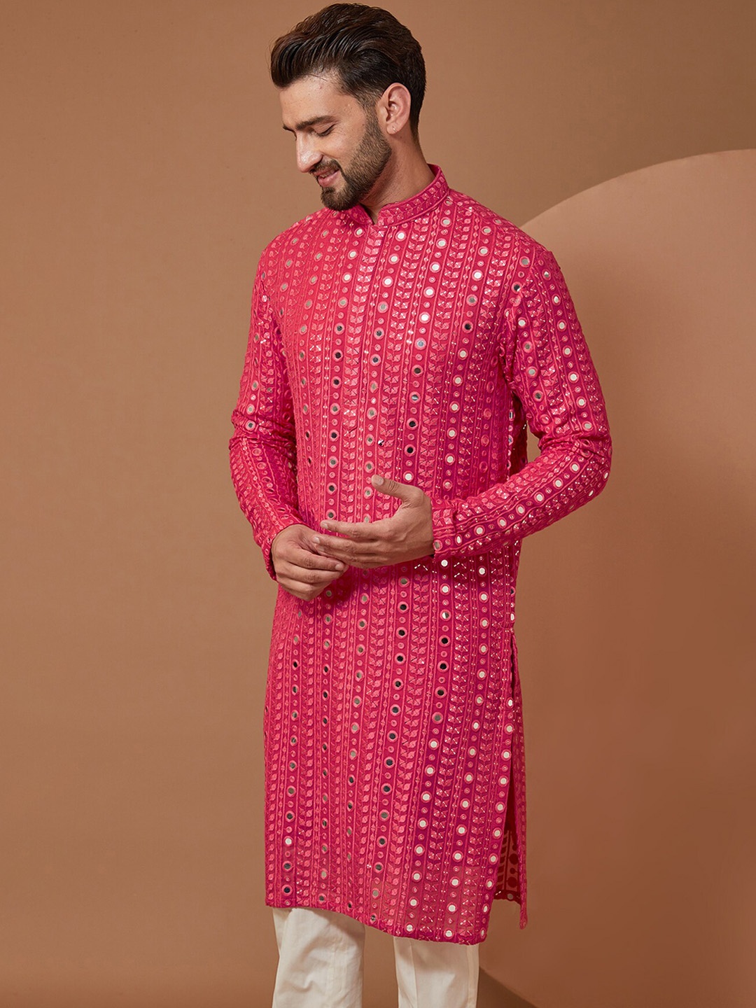 KASBAH CLOTHING NISHCHAIY SAJDEH Geometric Embroidered Mirror Work Kurta With Pyjamas, Pink
KASBAH CLOTHING NISHCHAIY SAJDEH Geometric Embroidered Mirror Work Kurta With Pyjamas, Pink