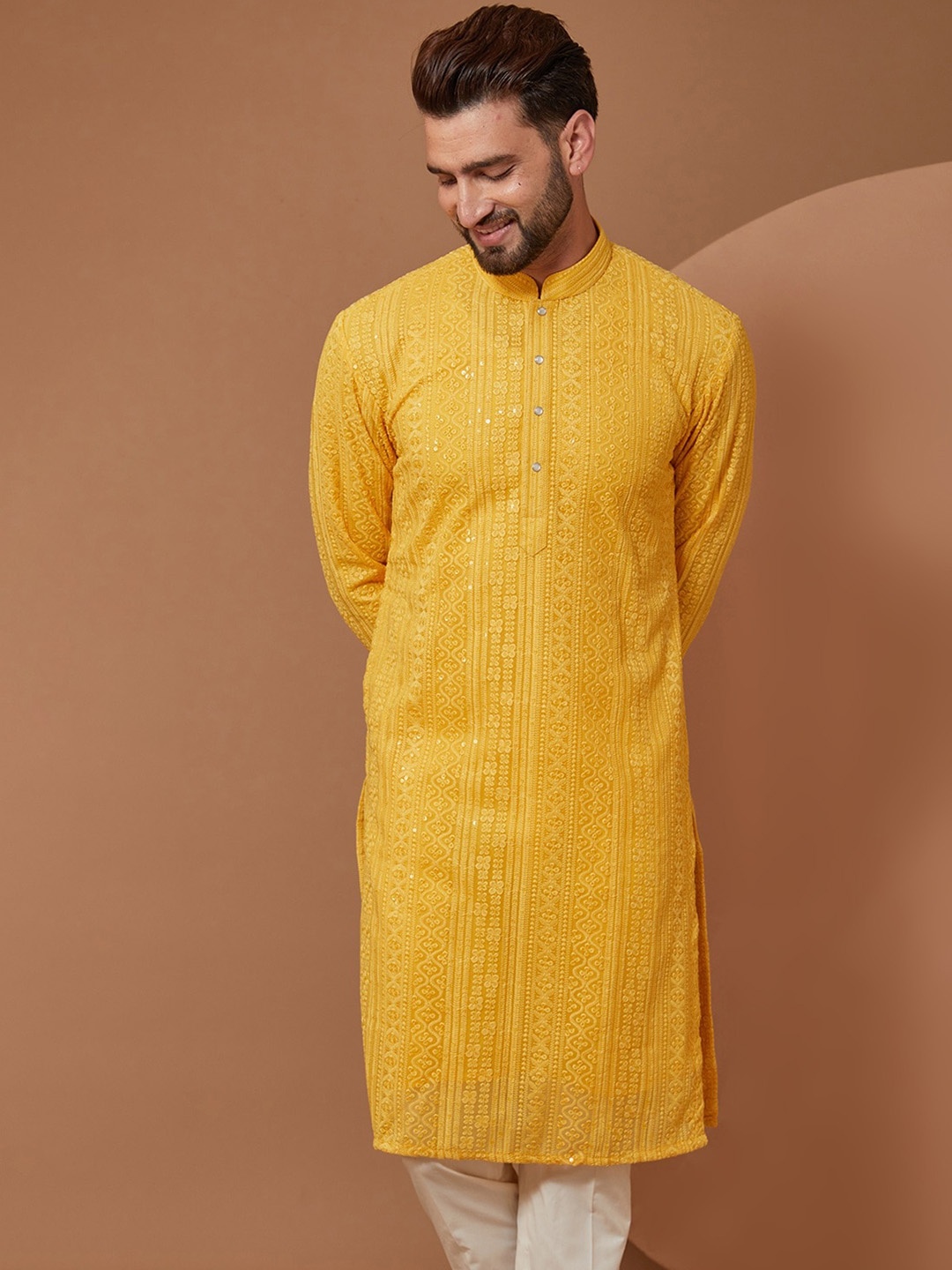 KASBAH CLOTHING NISHCHAIY SAJDEH Ethnic Motifs Embroidered Thread Work Kurta with Trousers, Yellow
KASBAH CLOTHING NISHCHAIY SAJDEH Ethnic Motifs Embroidered Thread Work Kurta with Trousers, Yellow