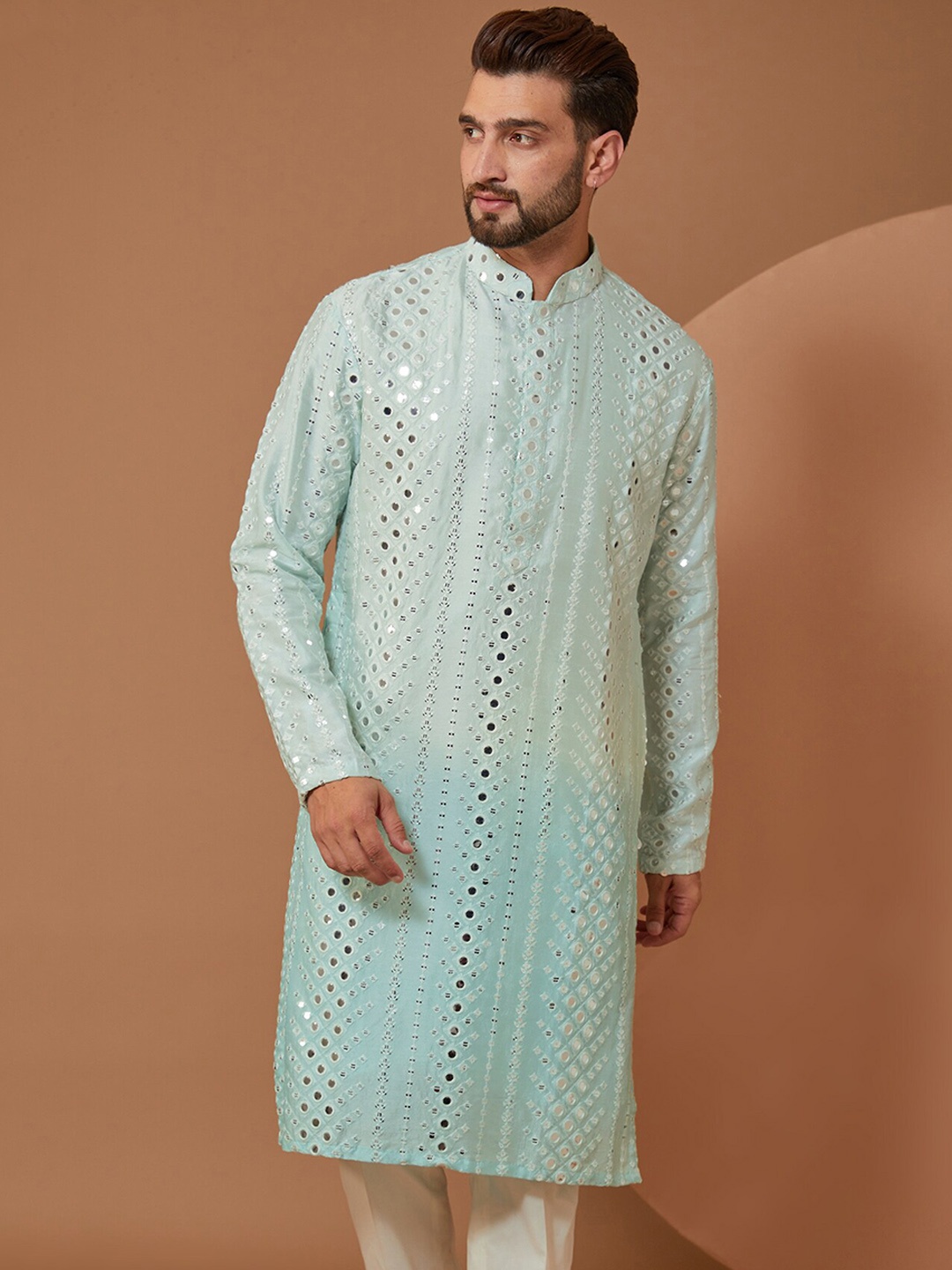 KASBAH CLOTHING NISHCHAIY SAJDEH Geometric Embroidered Mirror Work Kurta with Trousers, Blue
KASBAH CLOTHING NISHCHAIY SAJDEH Geometric Embroidered Mirror Work Kurta with Trousers, Blue