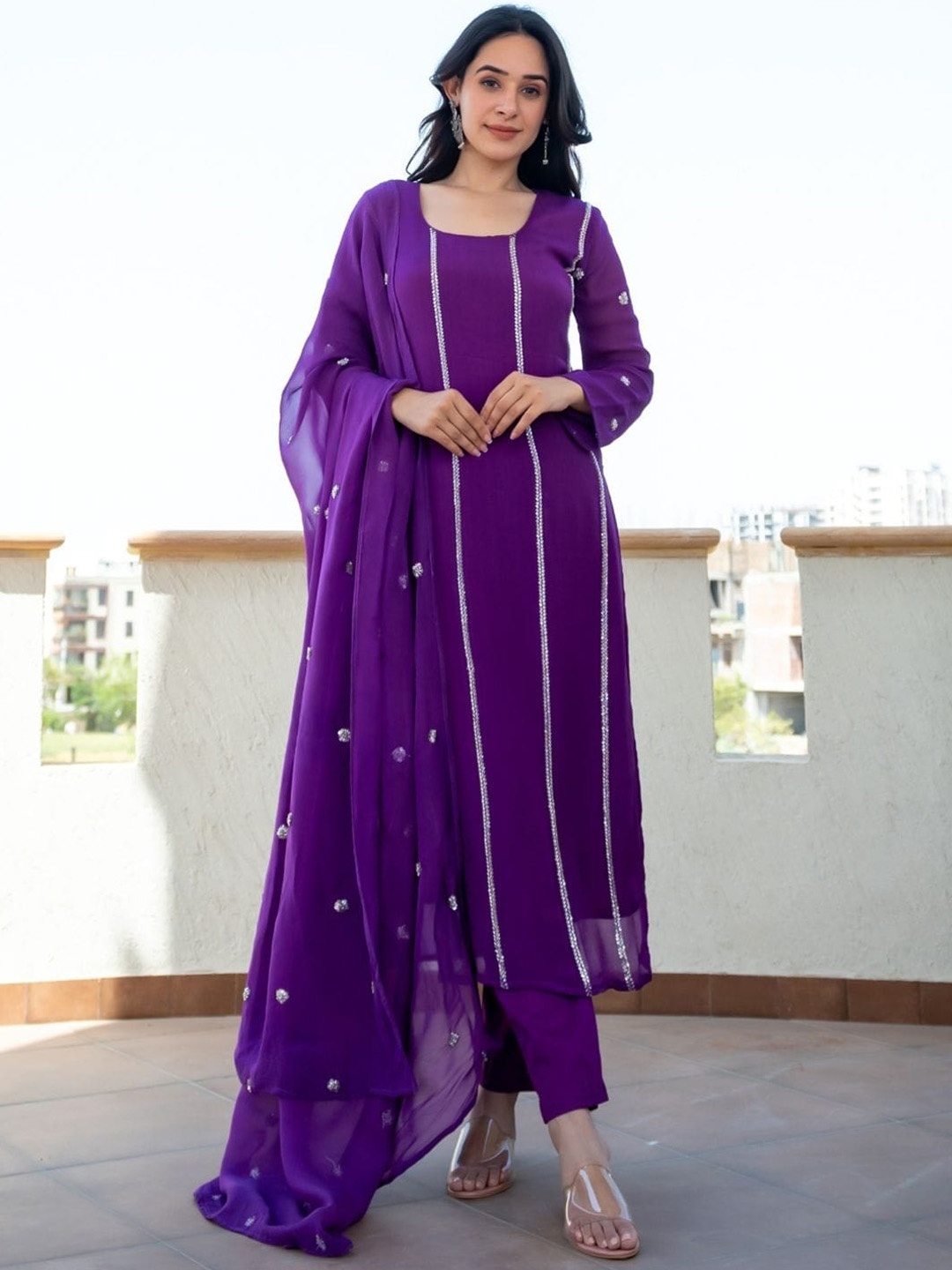 HOUSE OF JAMOTI Embroidered Square Neck Sequinned Pure Cotton Kurta with Salwar & Dupatta, Purple
HOUSE OF JAMOTI Embroidered Square Neck Sequinned Pure Cotton Kurta with Salwar & Dupatta, Purple