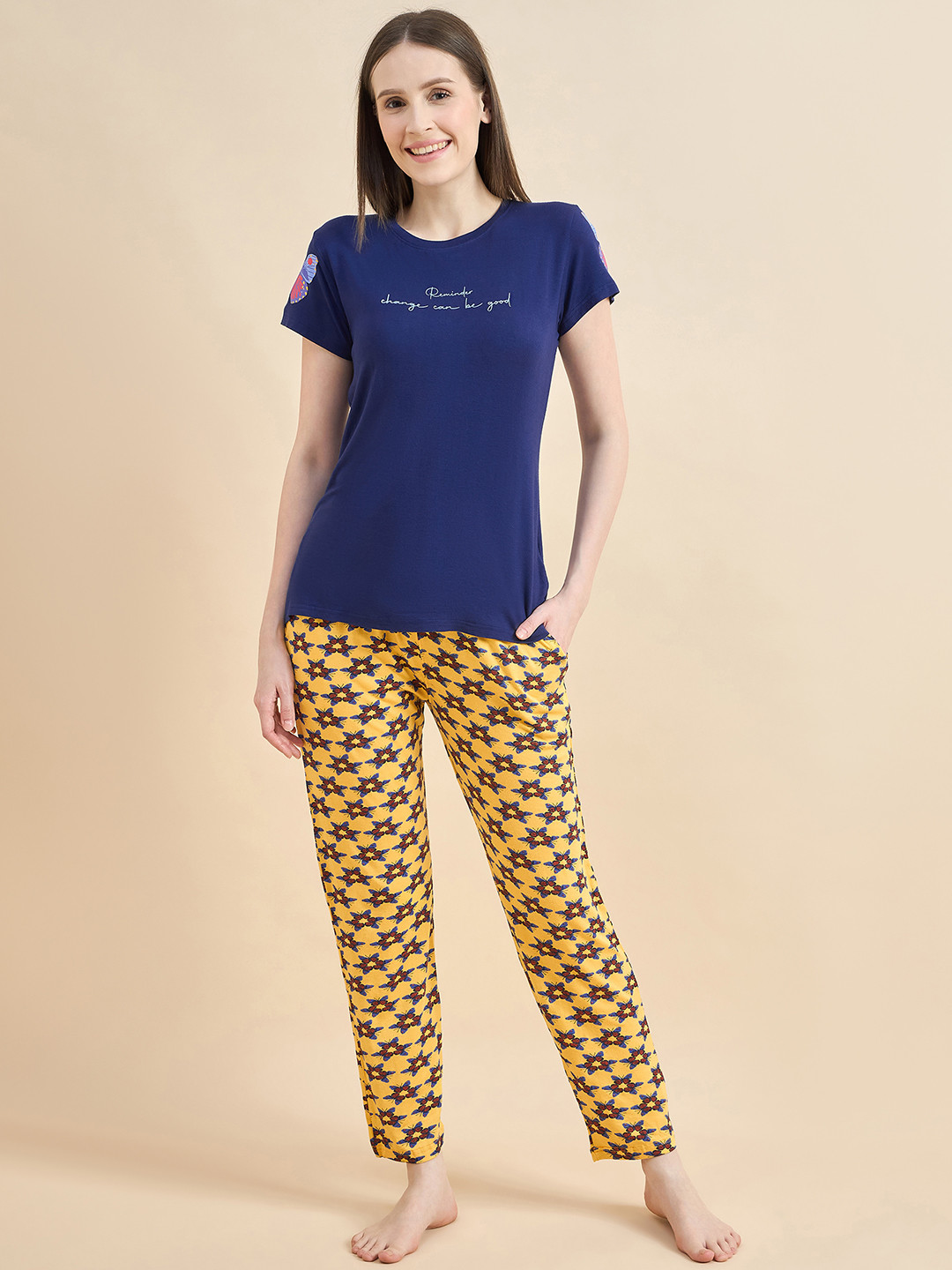 ETC Typography Printed Round Neck Night suit, Navy blue
ETC Typography Printed Round Neck Night suit, Navy blue