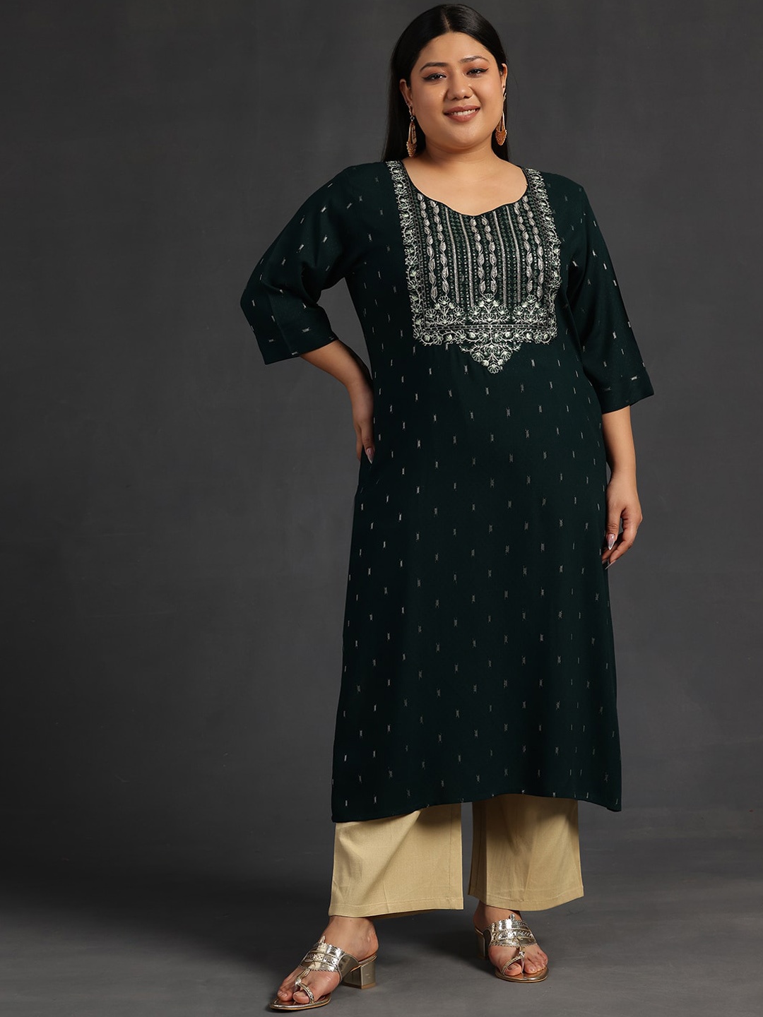 EXTRA LOVE BY LIBAS Plus Size Floral Yoke Design Thread Work Dobby Straight Kurta, Green
EXTRA LOVE BY LIBAS Plus Size Floral Yoke Design Thread Work Dobby Straight Kurta, Green