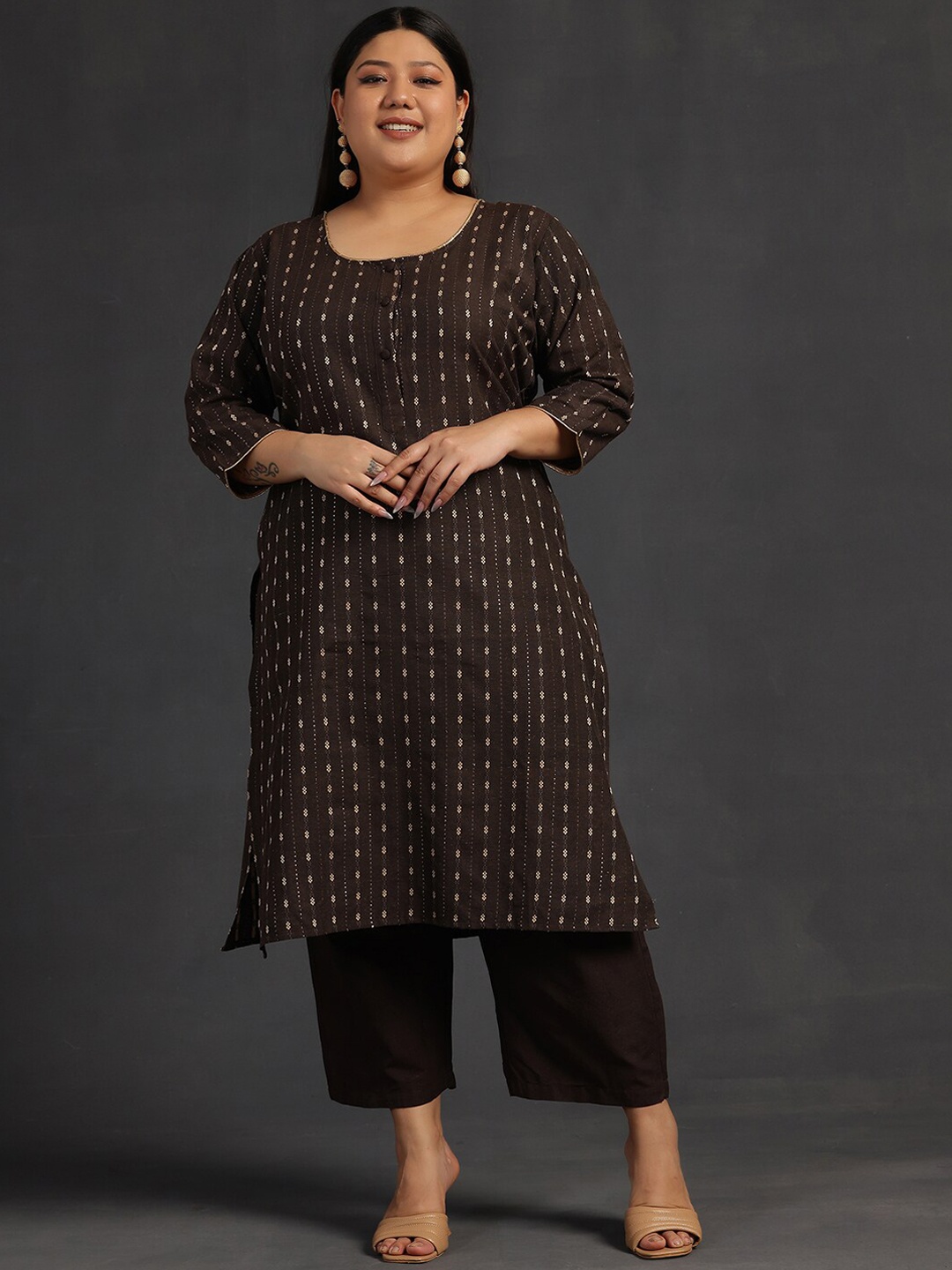 EXTRA LOVE BY LIBAS Plus Size Ethnic Woven Design Regular Straight Kurta With Trousers, Brown
EXTRA LOVE BY LIBAS Plus Size Ethnic Woven Design Regular Straight Kurta With Trousers, Brown