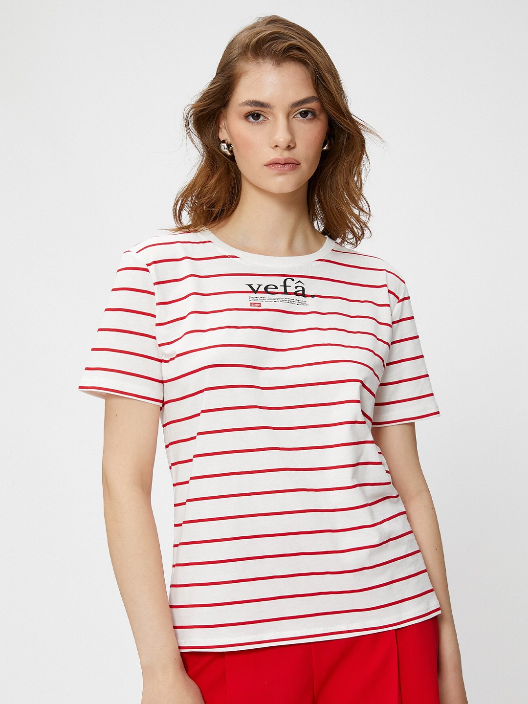 Koton Striped Round Neck Short Sleeves Cotton T-shirt, Red