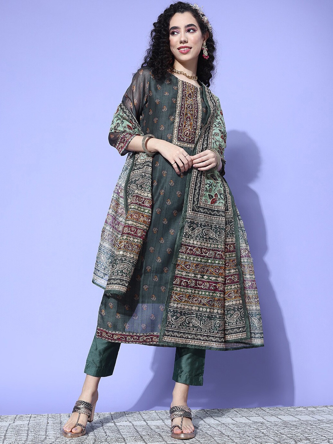 Mitera Ethnic Motifs Printed Empire Thread Work Kurta With Trousers & Dupatta, Green
Mitera Ethnic Motifs Printed Empire Thread Work Kurta With Trousers & Dupatta, Green