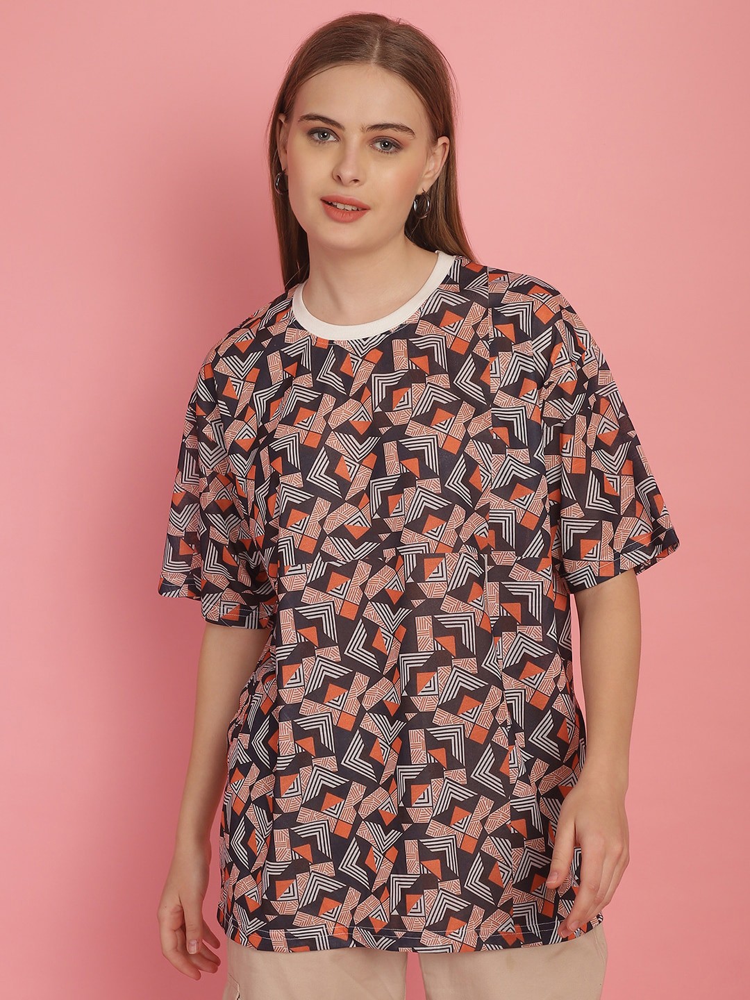 MACK JONNEY Women Geometric Printed Drop-Shoulder Sleeves Oversized Cotton T-shirt, Black
MACK JONNEY Women Geometric Printed Drop-Shoulder Sleeves Oversized Cotton T-shirt, Black