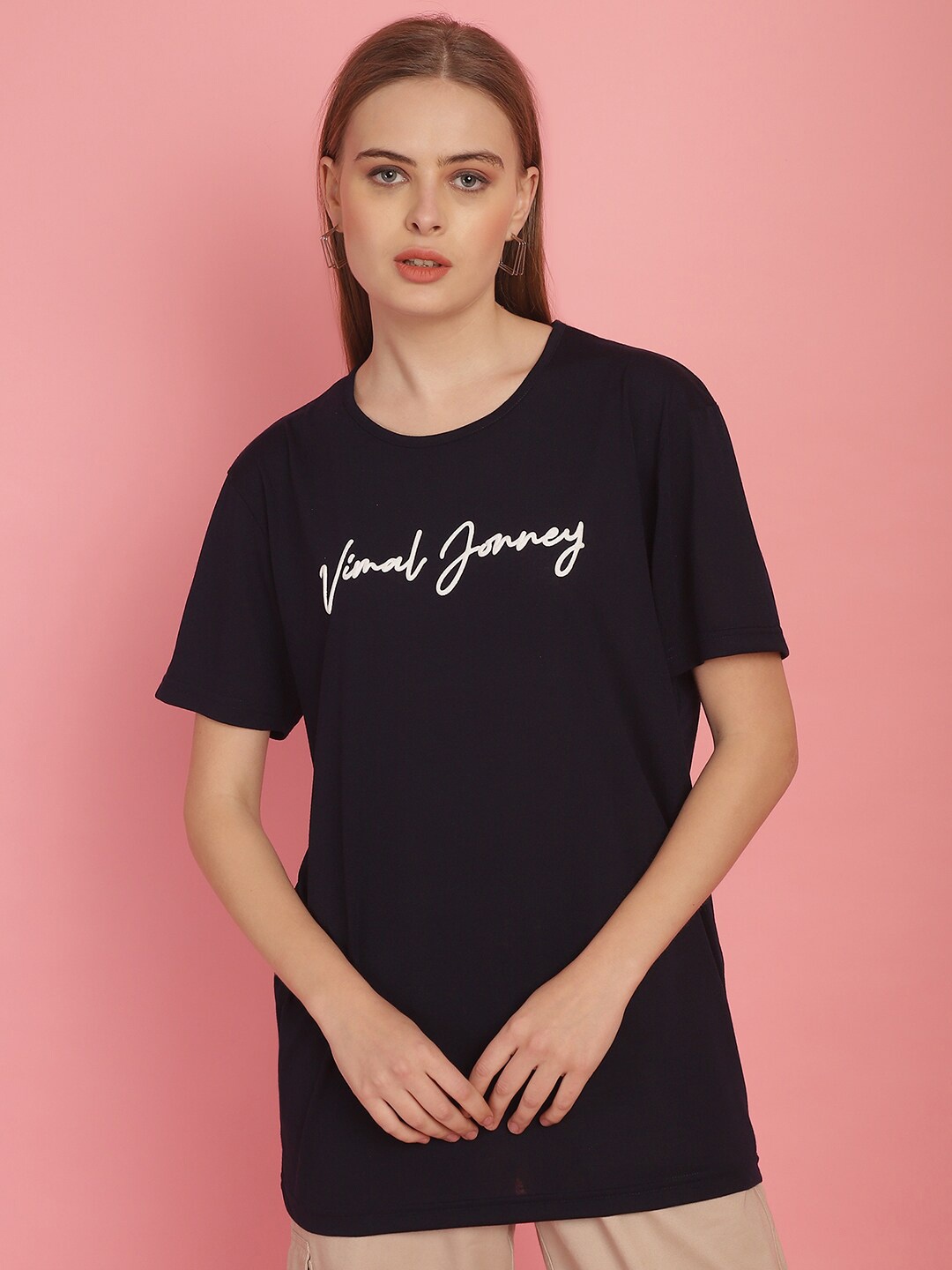 MACK JONNEY Women Typography Printed Drop-Shoulder Sleeves Oversized Cotton T-shirt, Navy blue
MACK JONNEY Women Typography Printed Drop-Shoulder Sleeves Oversized Cotton T-shirt, Navy blue