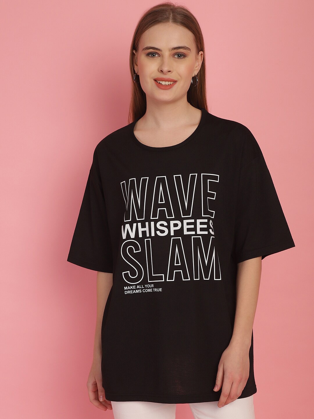 MACK JONNEY Women Typography Printed Drop-Shoulder Sleeves Oversized Cotton T-shirt, Black
MACK JONNEY Women Typography Printed Drop-Shoulder Sleeves Oversized Cotton T-shirt, Black