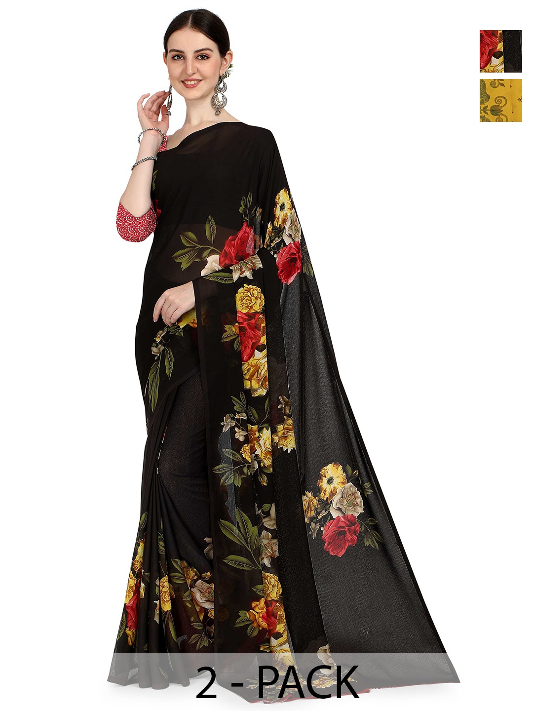 ANAND SAREES Floral Poly Georgette Saree, Yellow
