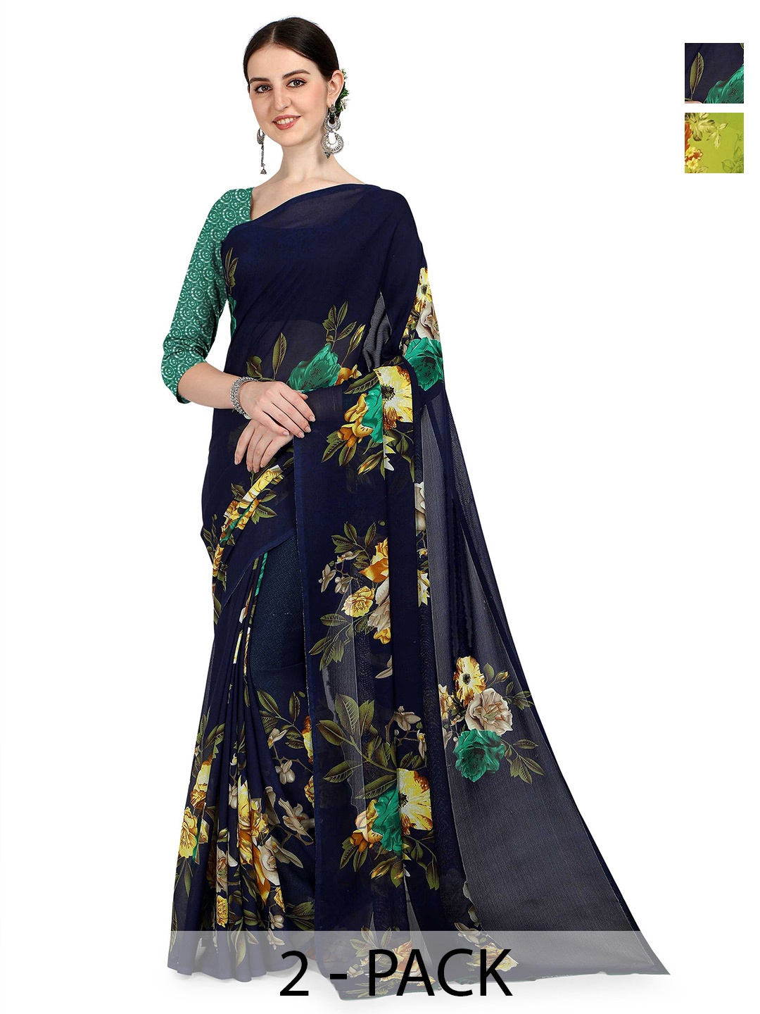 ANAND SAREES Floral Poly Georgette Saree, Green