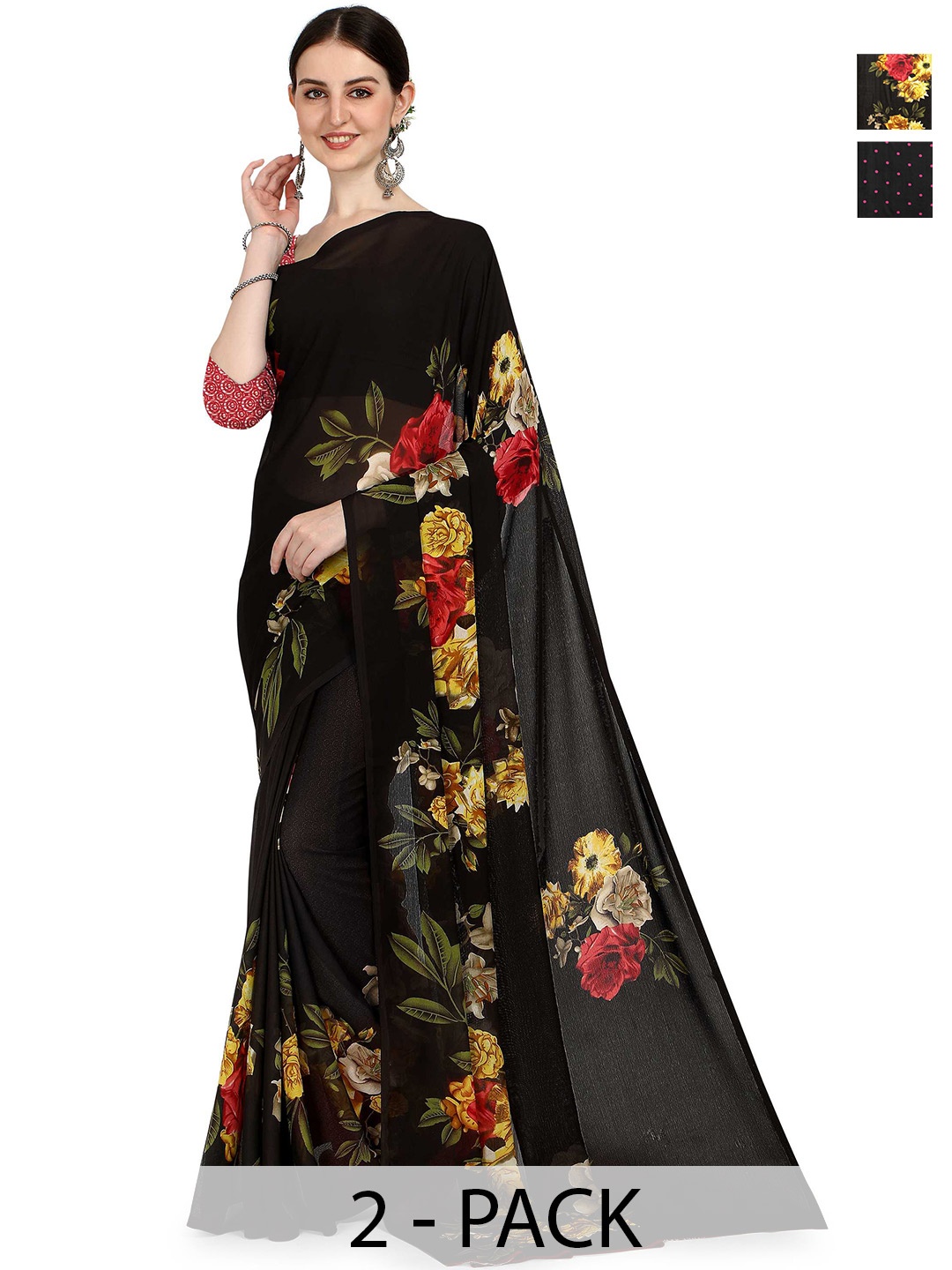ANAND SAREES Floral Poly Georgette Saree, Black