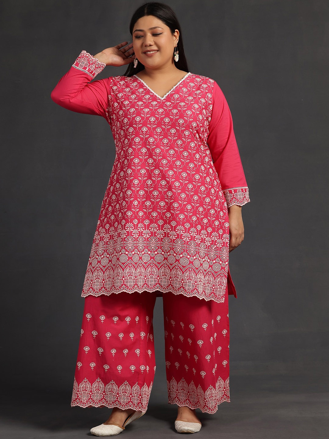 EXTRA LOVE BY LIBAS Plus Size Floral Embroidered Pure Cotton Straight Kurta With Palazzo, Pink
EXTRA LOVE BY LIBAS Plus Size Floral Embroidered Pure Cotton Straight Kurta With Palazzo, Pink