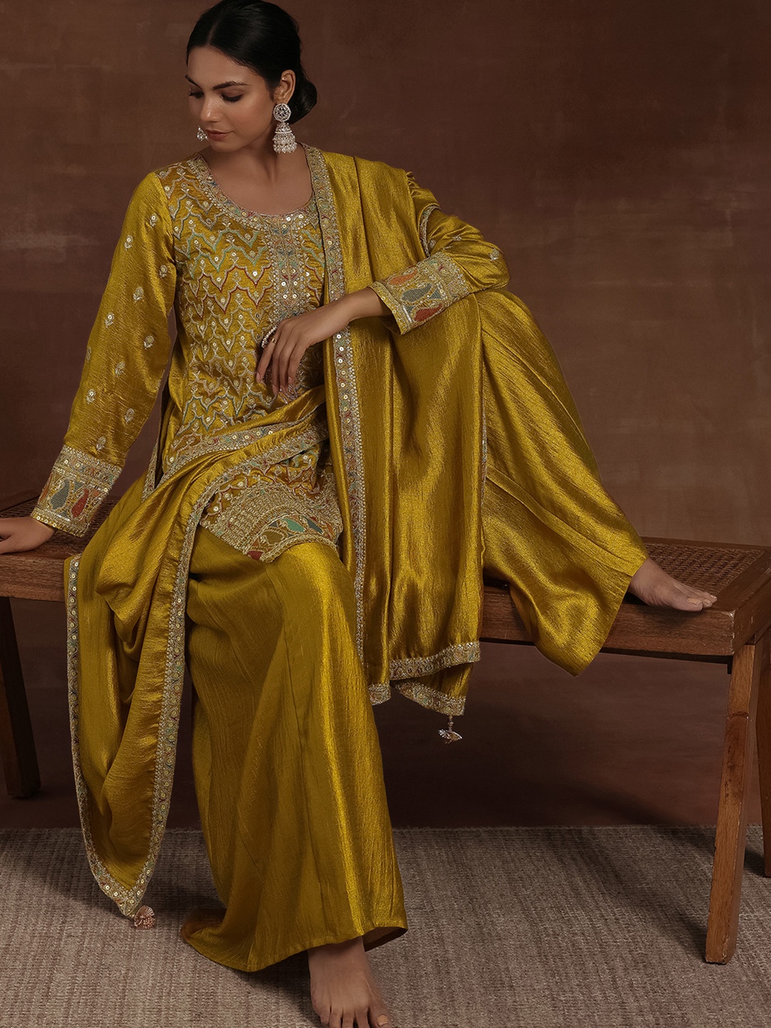 Libas Ethnic Motifs Embroidered Round Neck Three-Quarter Sleeves Sequinned Kurta Set, Mustard
Libas Ethnic Motifs Embroidered Round Neck Three-Quarter Sleeves Sequinned Kurta Set, Mustard