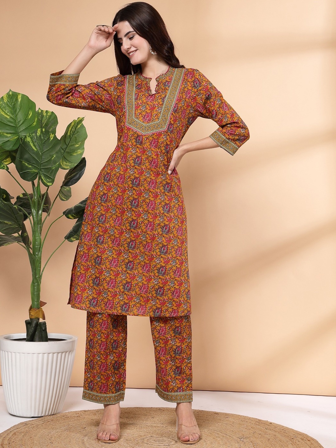 Nayam By Lakshita Floral Printed Mandarin Collar Straight Kurta With Palazzos, Mustard