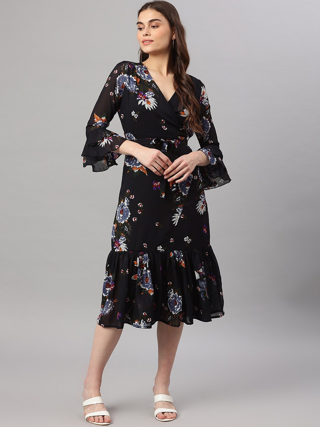 WISSTLER Floral Printed Bell Sleeves Tiered Georgette Wrap Midi Dress, Navy blue
WISSTLER Floral Printed Bell Sleeves Tiered Georgette Wrap Midi Dress, Navy blue