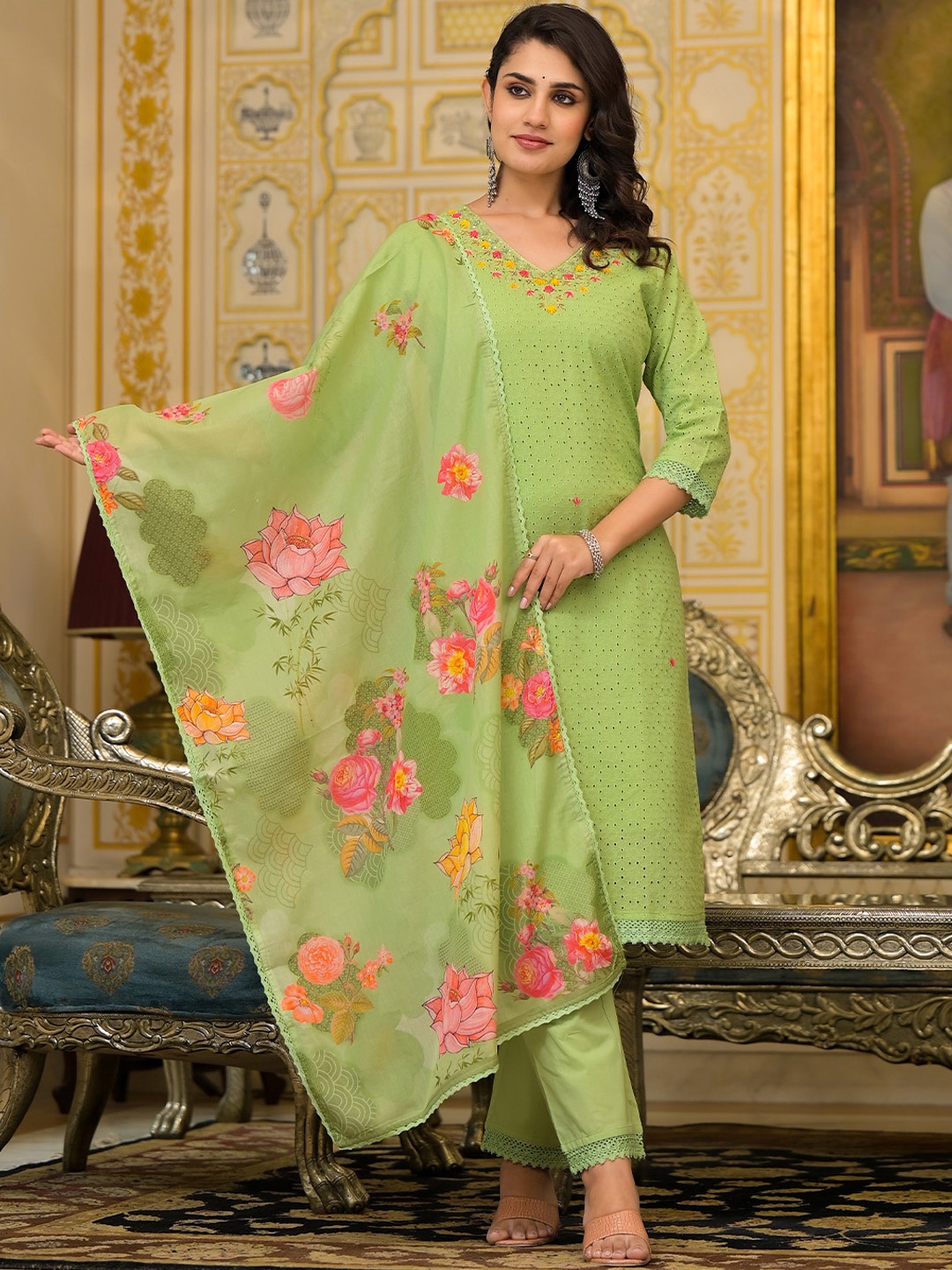 ISHIN Zari Threadwork Cotton Schiffli Kurta Solid Pants and Lace bordered Dupatta, Olive
ISHIN Zari Threadwork Cotton Schiffli Kurta Solid Pants and Lace bordered Dupatta, Olive