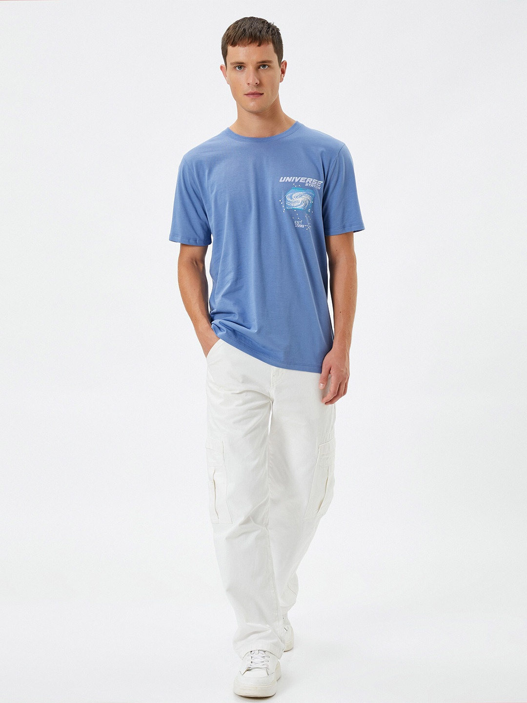 Koton Typography Printed Round Neck Cotton T-shirt, Blue